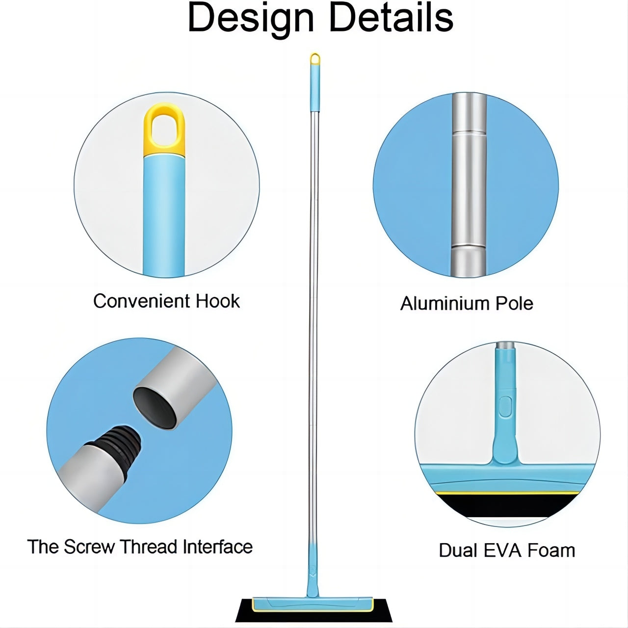 Yocada Floor Squeegee Broom with 51" Adjustable Iron Pole for Bathroom Shower Glass Tile Floor Blue