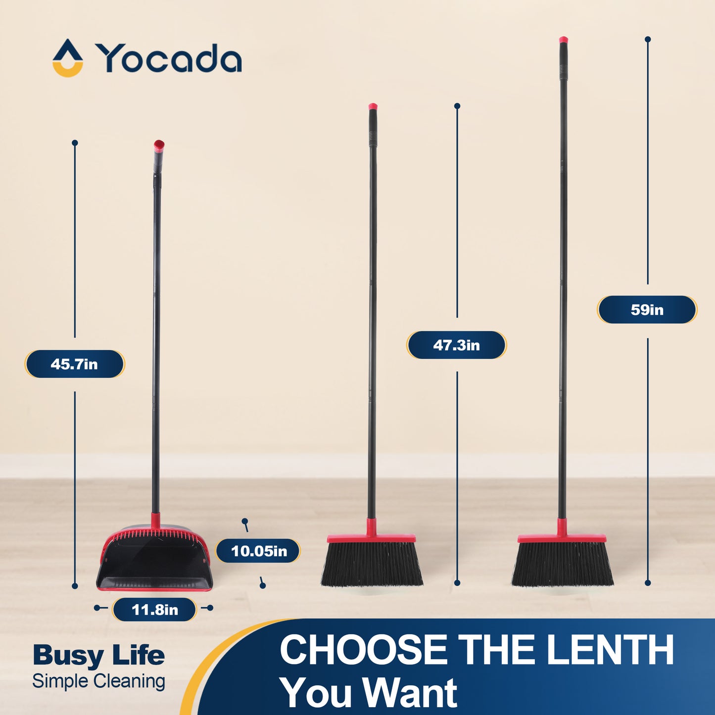 Yocada Broom and Dustpan Set with Teeth, Adjustable Handle, Helps Clean Hair, for Home Kitchen Office Floors,59in,Black&Red