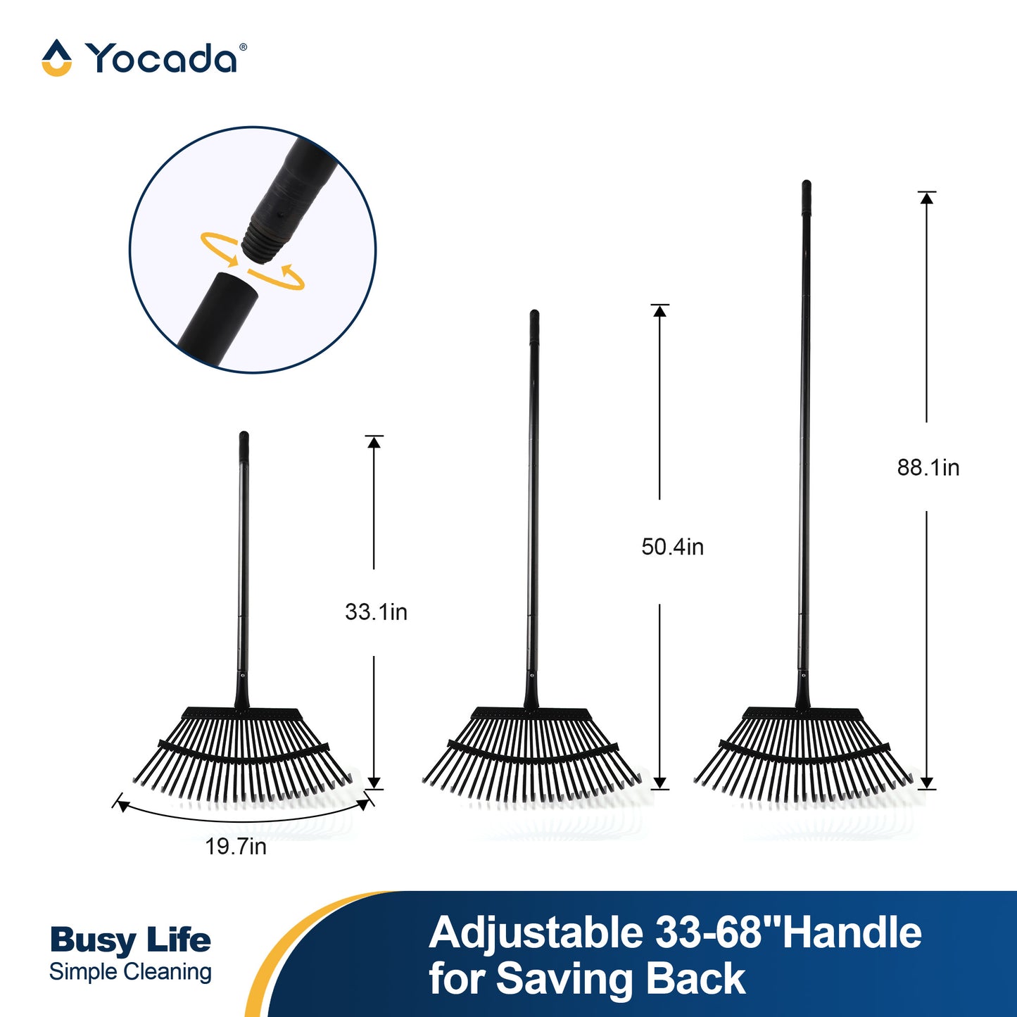 Yocada 25 Tines Steel Leaf Rake for Lawns,88"Long,Adjustable Stainless Steel Handle with Non-Slip Comfort Handle