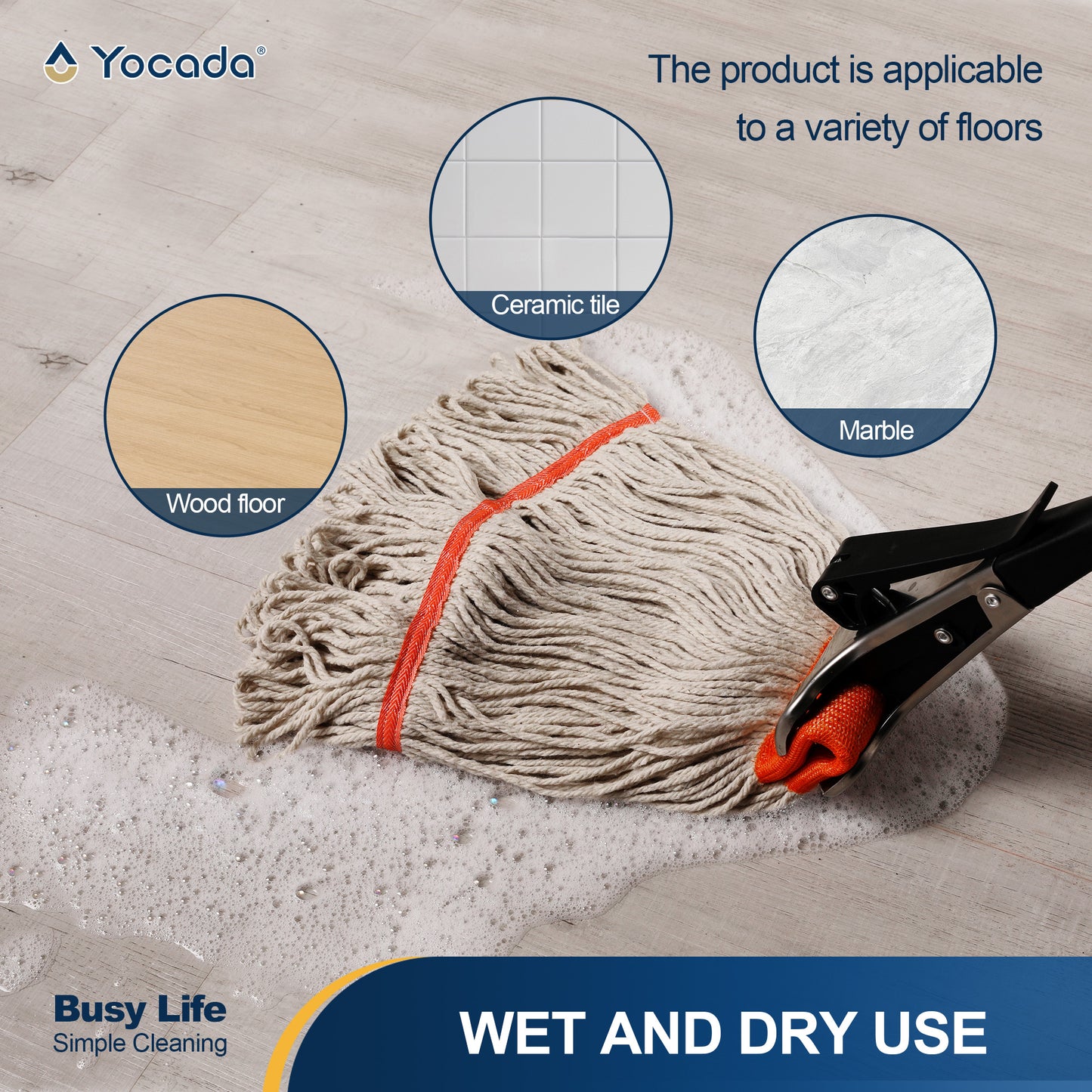 Yocada Heavy Duty Cotton Mop Looped-End String Mop with 60" Iron Pole, for Commercial Industrial, Orange