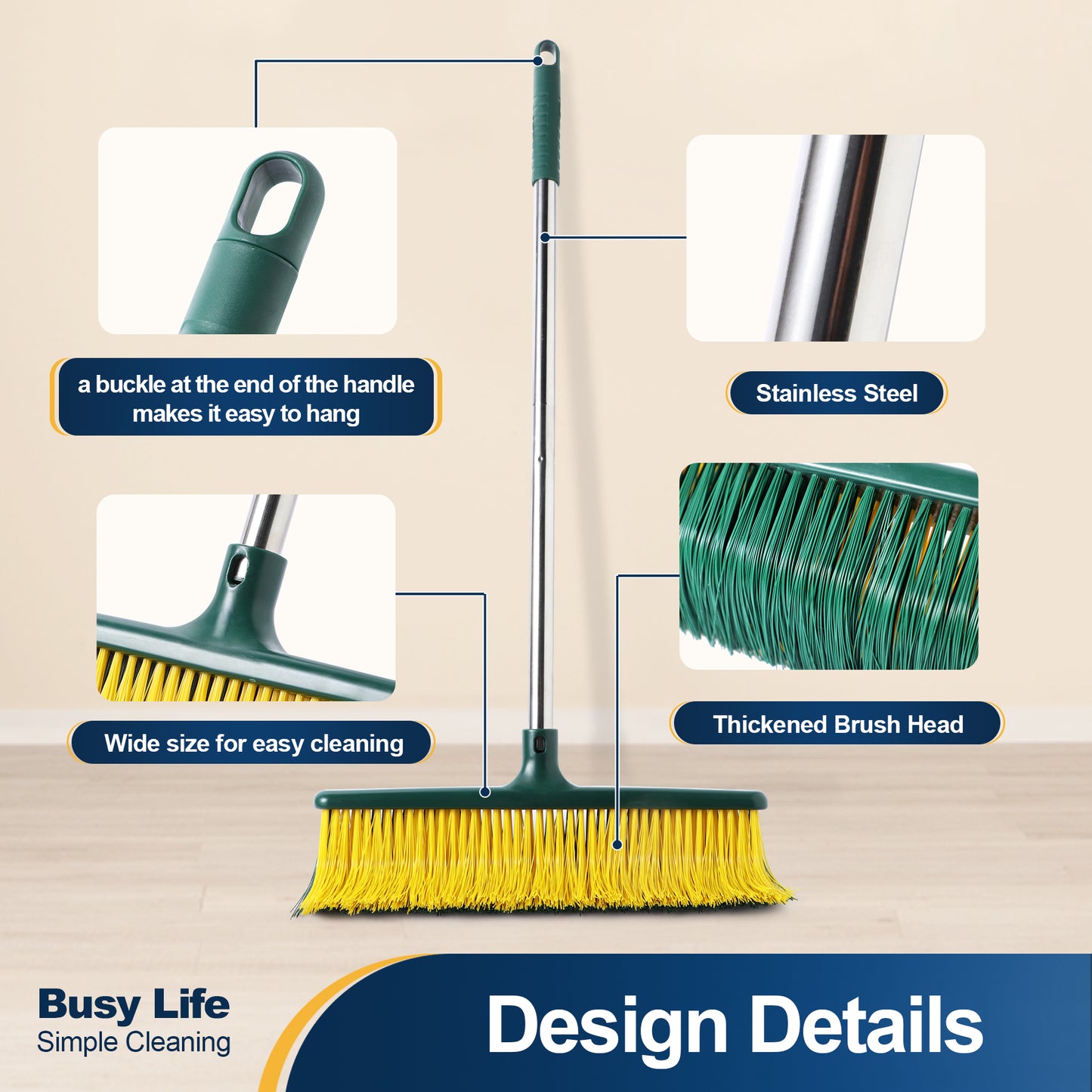 Yocada Heavy Duty Commercial Outdoor Push Broom with Curved Bristles, Adjustable Handle,Courtyard Garage Lobby Mall Market Floor,58.7in,Yellow