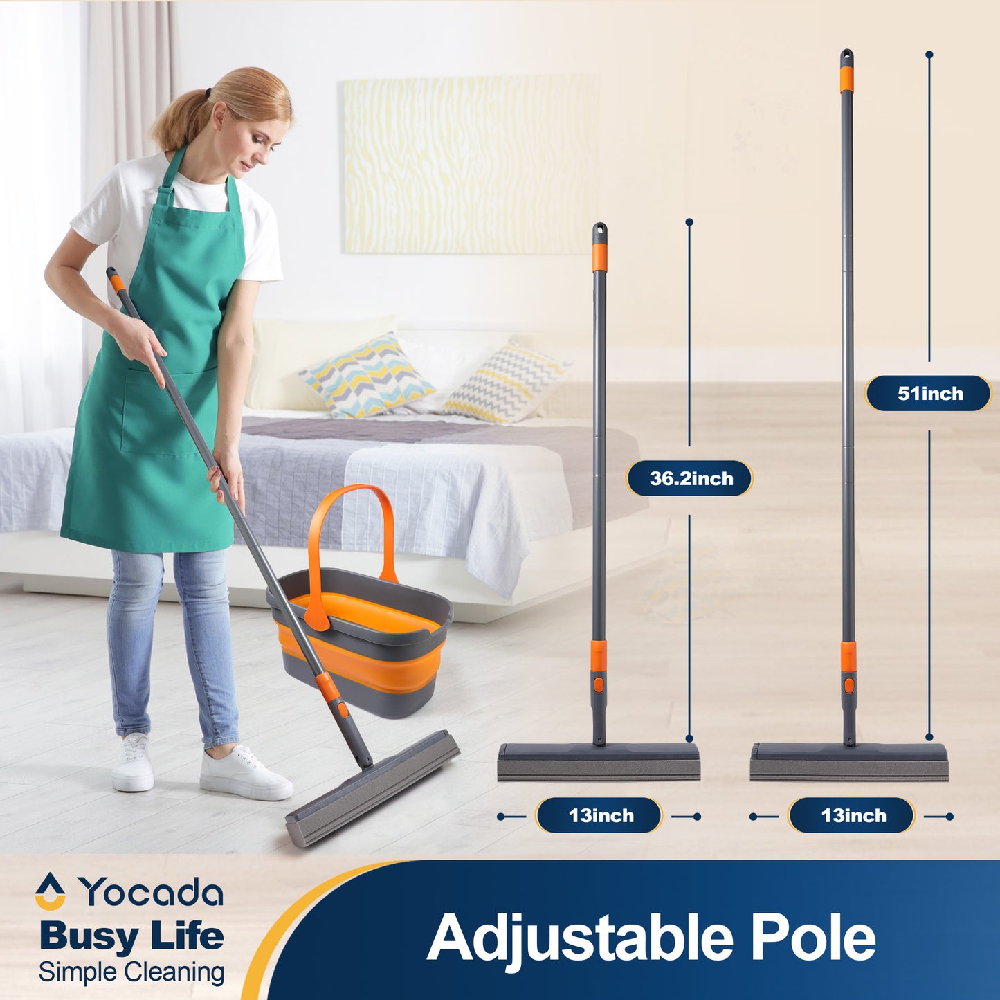 YOCADA Sponge Mop and Bucket Set with Wringer and 2 Sponge Heads for Floor Cleaning Orange