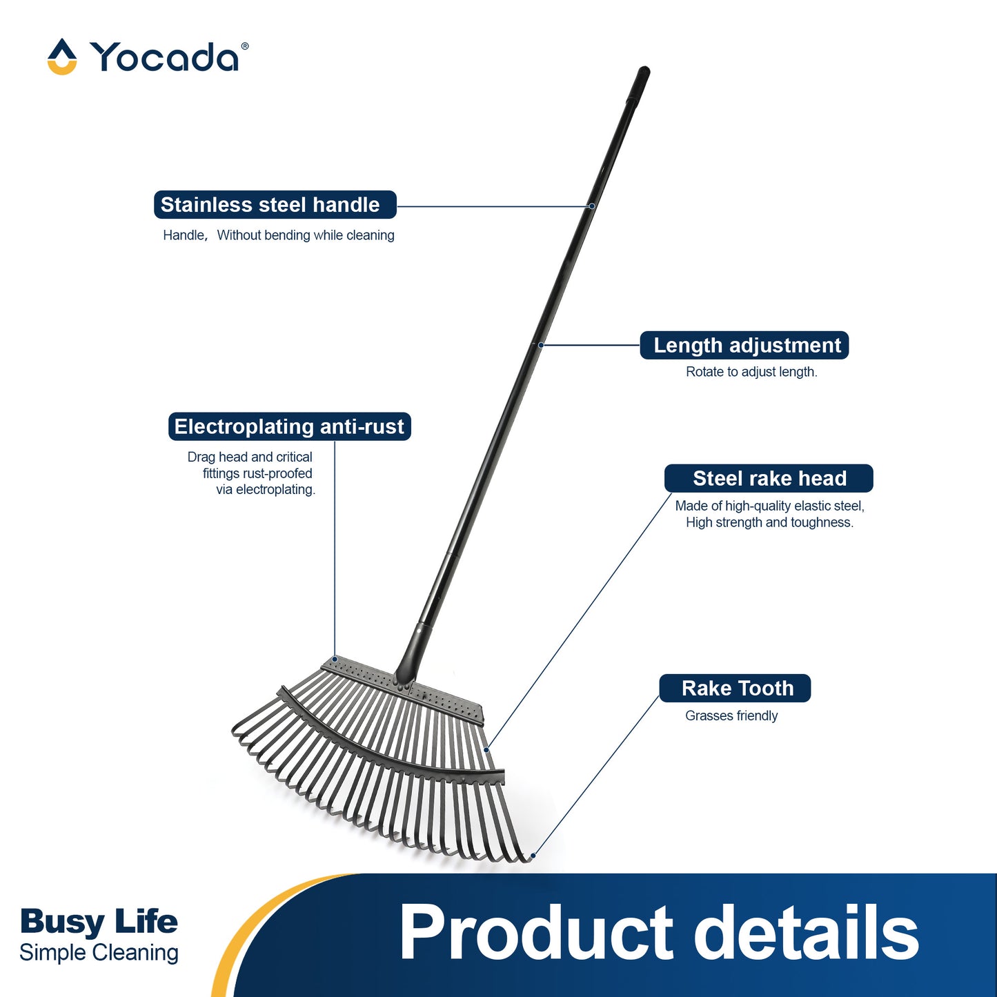 Yocada 25 Tines Steel Leaf Rake for Lawns,88"Long,Adjustable Stainless Steel Handle with Non-Slip Comfort Handle