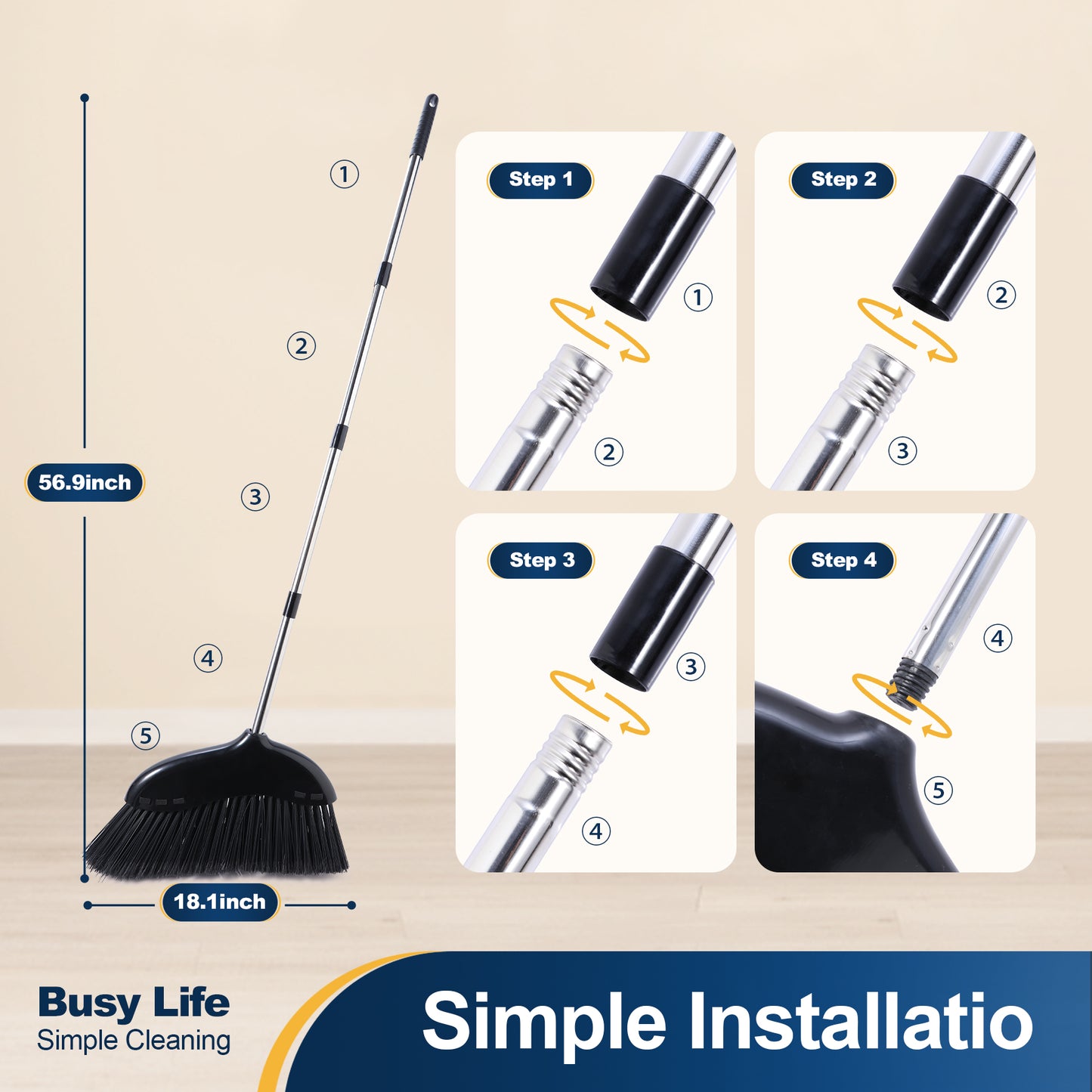 Yocada 56.9 in Heavy Duty Broom Outdoor&Indoor GarageFloor Stiff Bristles Sweeping, Shop Broom Adjustable,1Count,Black