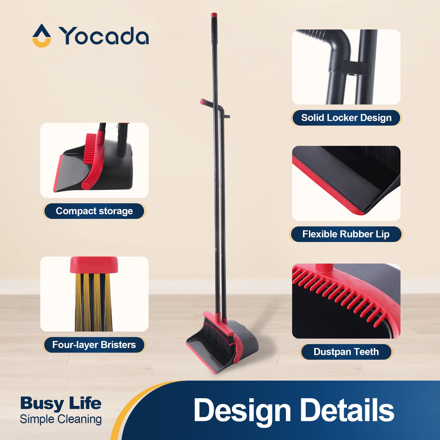 Yocada Broom and Dustpan Set with Teeth, Adjustable Handle, Helps Clean Hair, for Home Kitchen Office Floors,59in,Black&Red