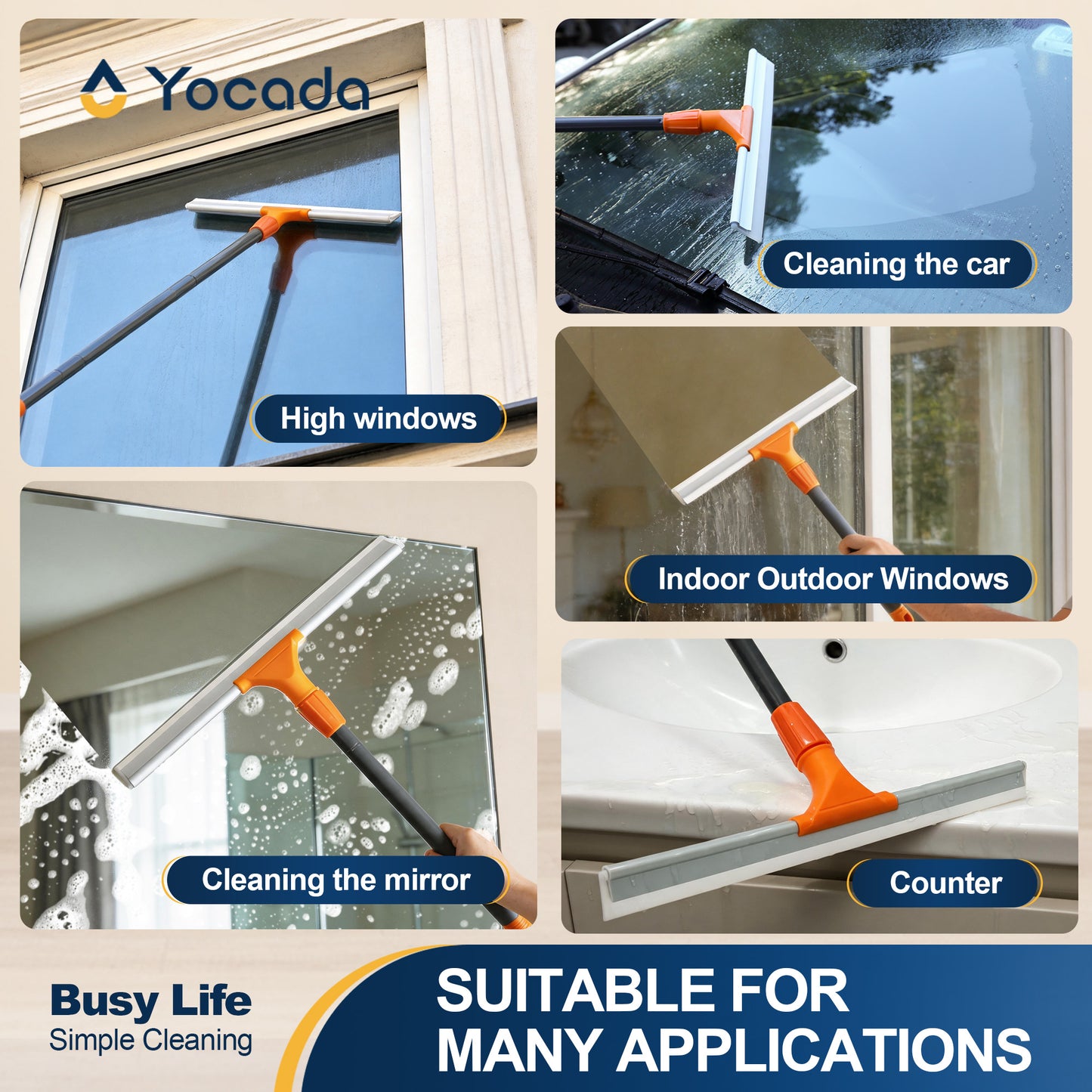 Yocada Adjustable Silicone Squeegee, 60.4" Extendable Handle, Streak-Free Floor/Window Cleaning Tool for Home,Car