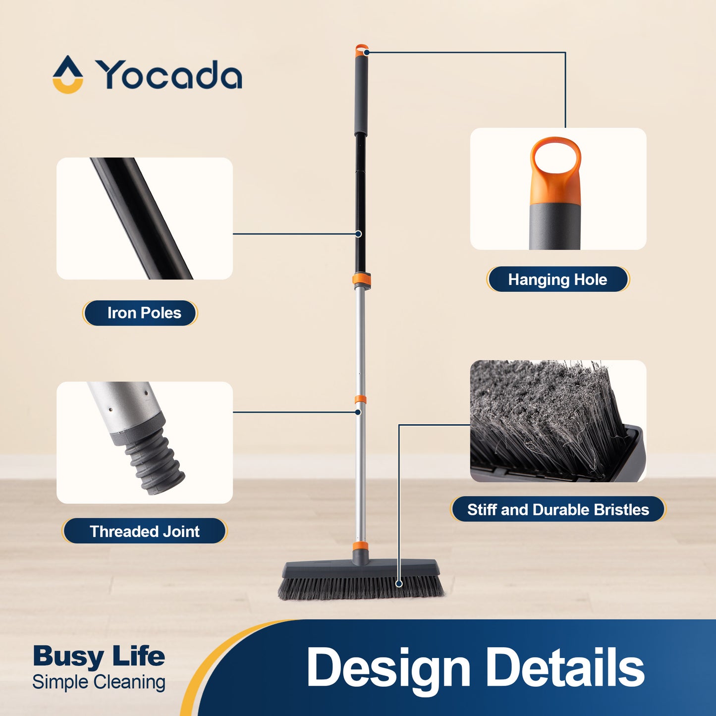 Yocada Push Broom Brush Outdoor Cleaning, Adjustable Handle, Versatile, Stiff and Durable Bristles Broom