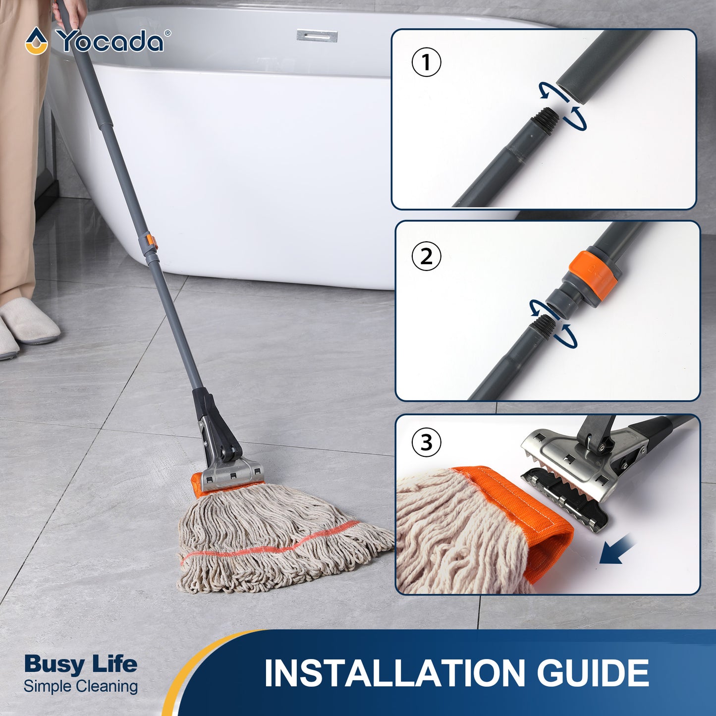 Yocada Heavy Duty Cotton Mop Looped-End String Mop with 60" Iron Pole, for Commercial Industrial, Orange