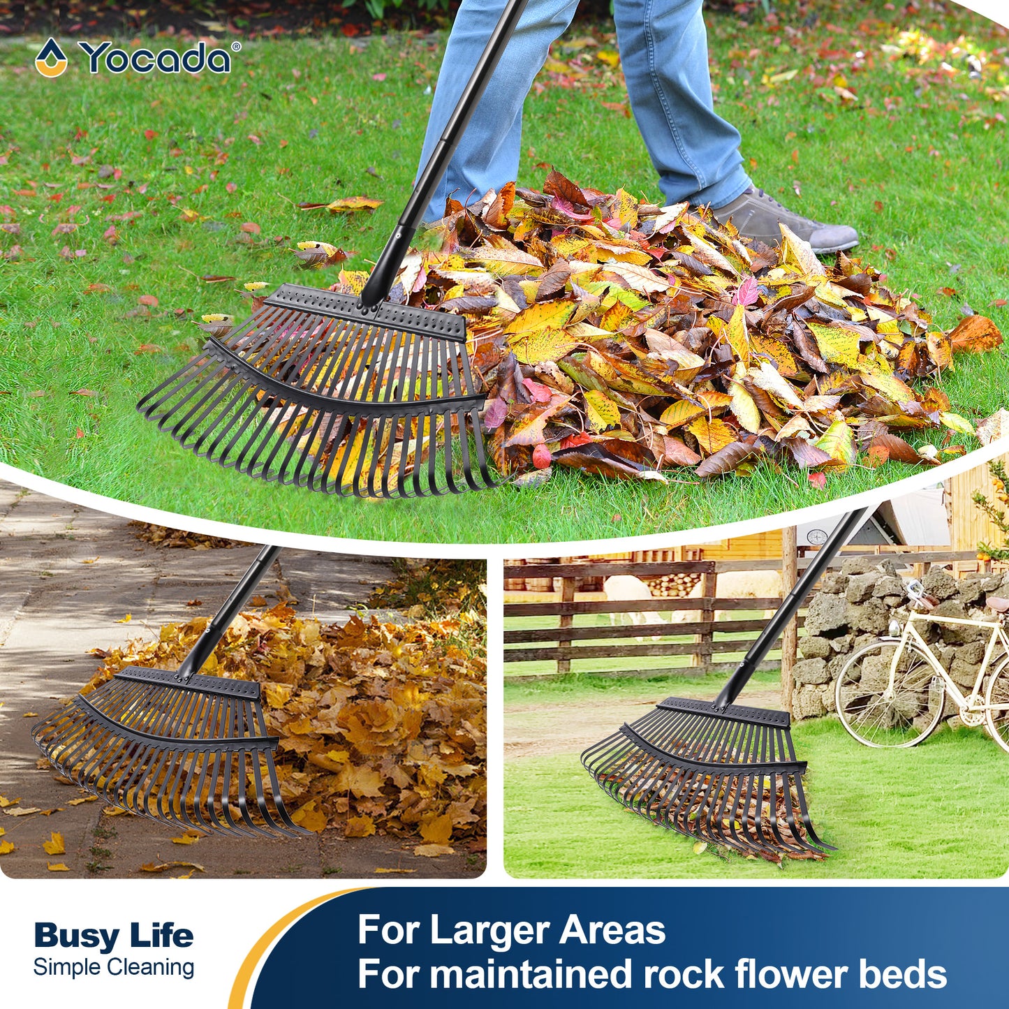 Yocada 25 Tines Steel Leaf Rake for Lawns,88"Long,Adjustable Stainless Steel Handle with Non-Slip Comfort Handle