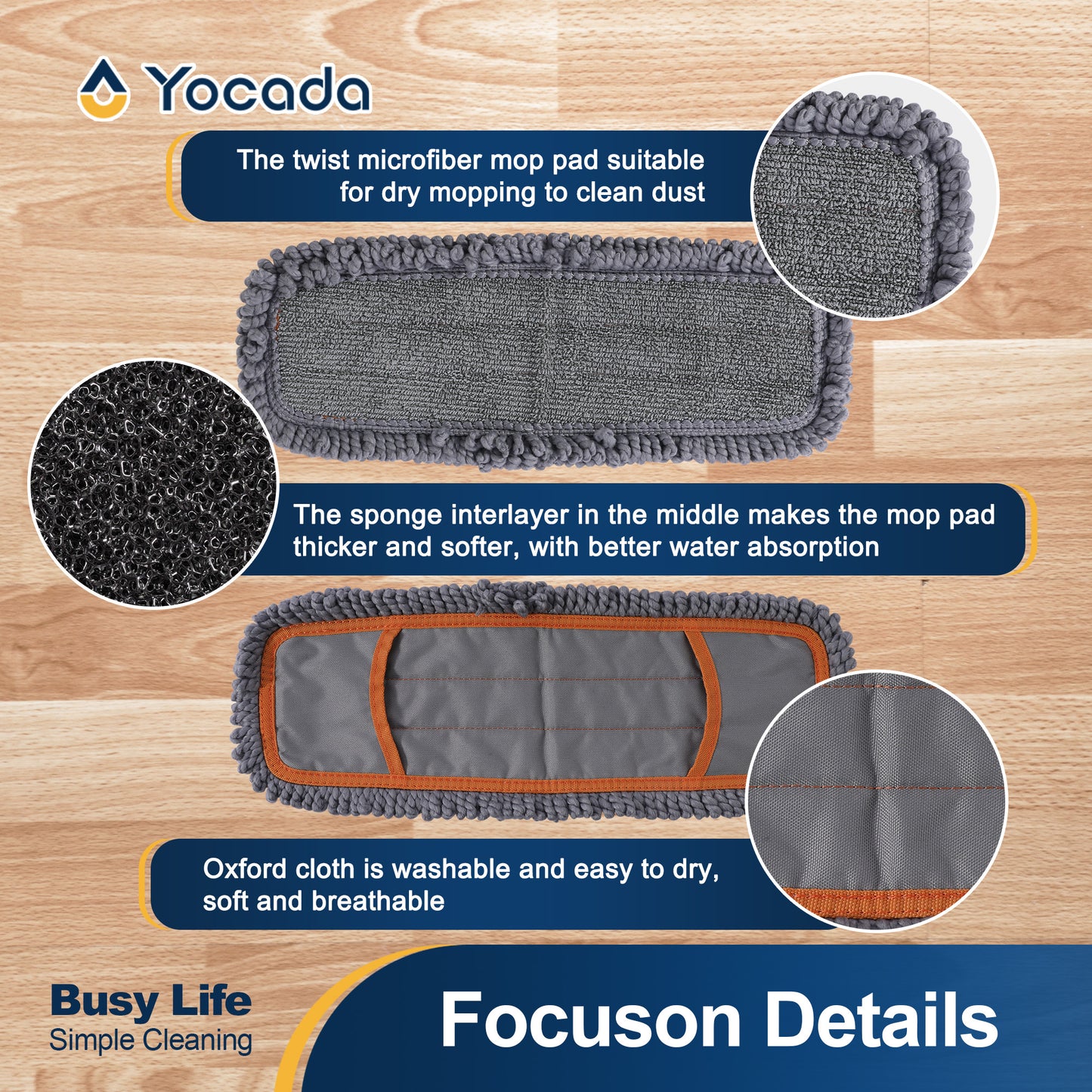 Yocada 3 Pack Twisted Microfiber Mop Replacement Pads, Thickened Sponge Dry-Wet Dual-Use Pads