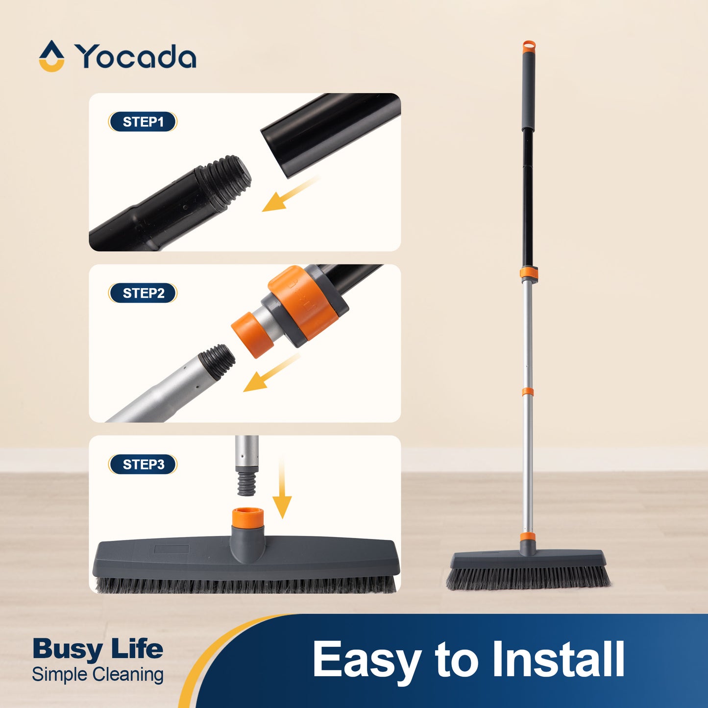Yocada Push Broom Brush Outdoor Cleaning, Adjustable Handle, Versatile, Stiff and Durable Bristles Broom