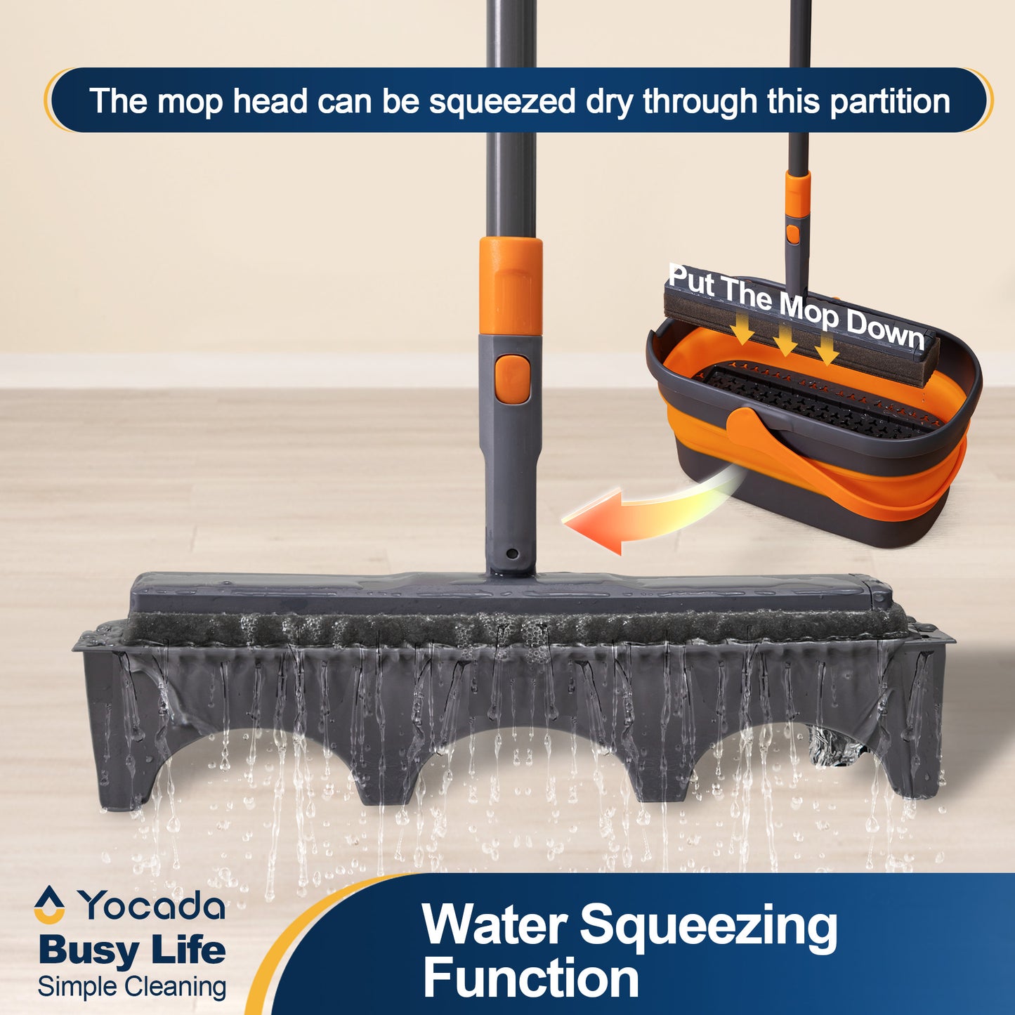YOCADA Sponge Mop and Bucket Set with Wringer and 2 Sponge Heads for Floor Cleaning Orange