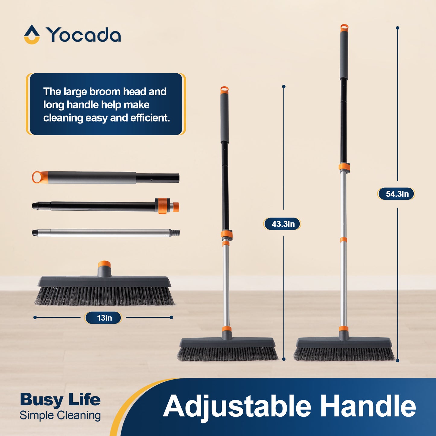 Yocada Push Broom Brush Outdoor Cleaning, Adjustable Handle, Versatile, Stiff and Durable Bristles Broom