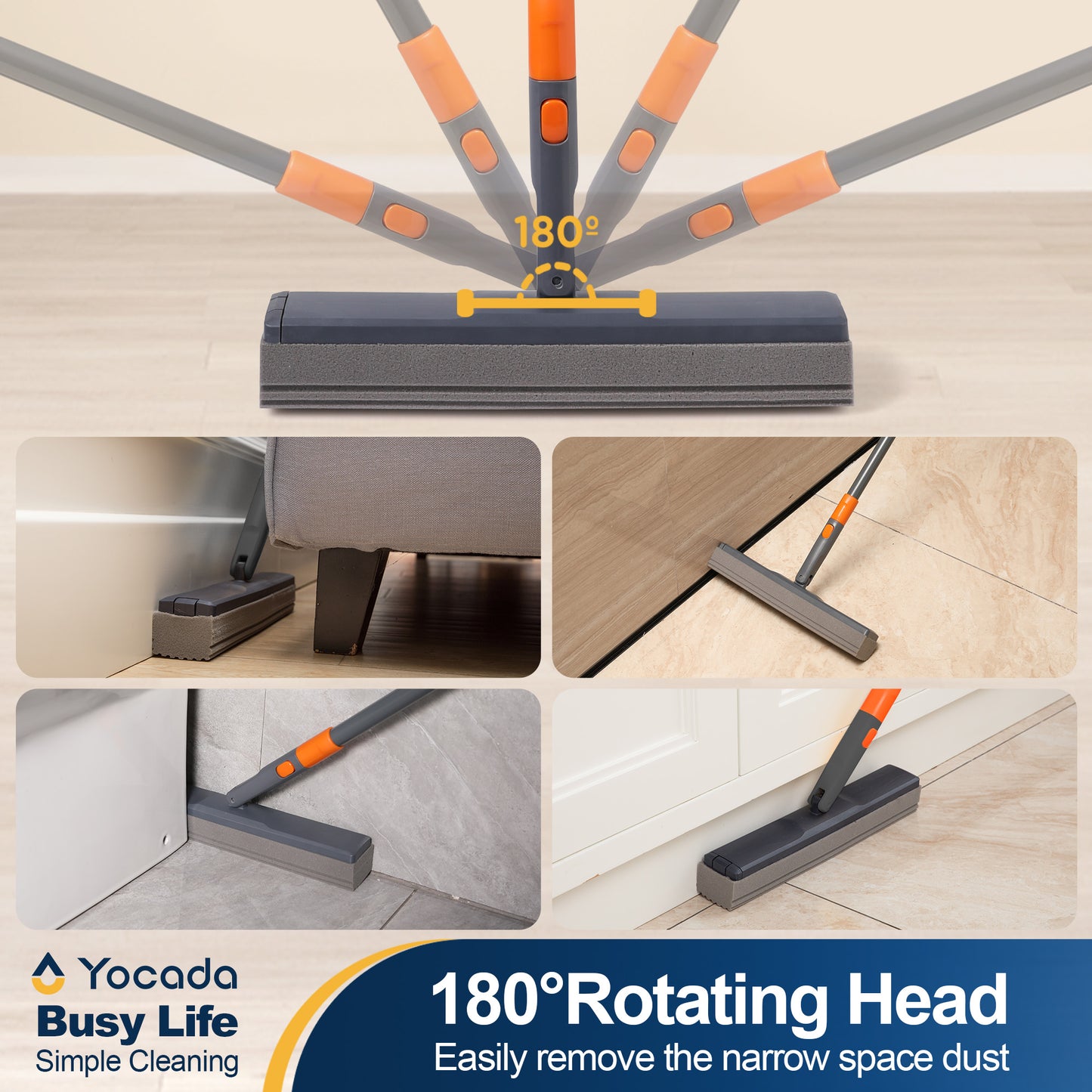 YOCADA Sponge Mop and Bucket Set with Wringer and 2 Sponge Heads for Floor Cleaning Orange