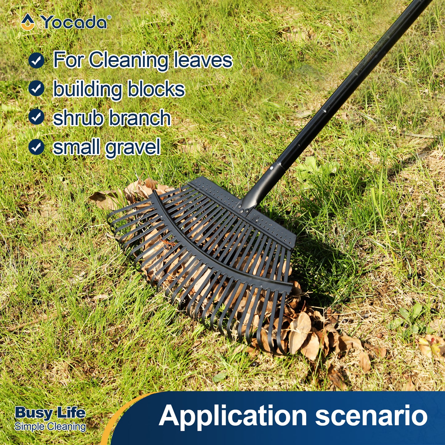 Yocada 25 Tines Steel Leaf Rake for Lawns,88"Long,Adjustable Stainless Steel Handle with Non-Slip Comfort Handle