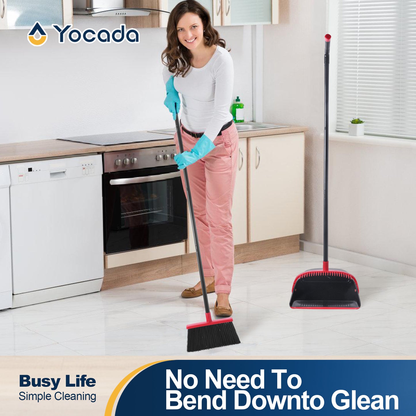 Yocada Broom and Dustpan Set with Teeth, Adjustable Handle, Helps Clean Hair, for Home Kitchen Office Floors,59in,Black&Red
