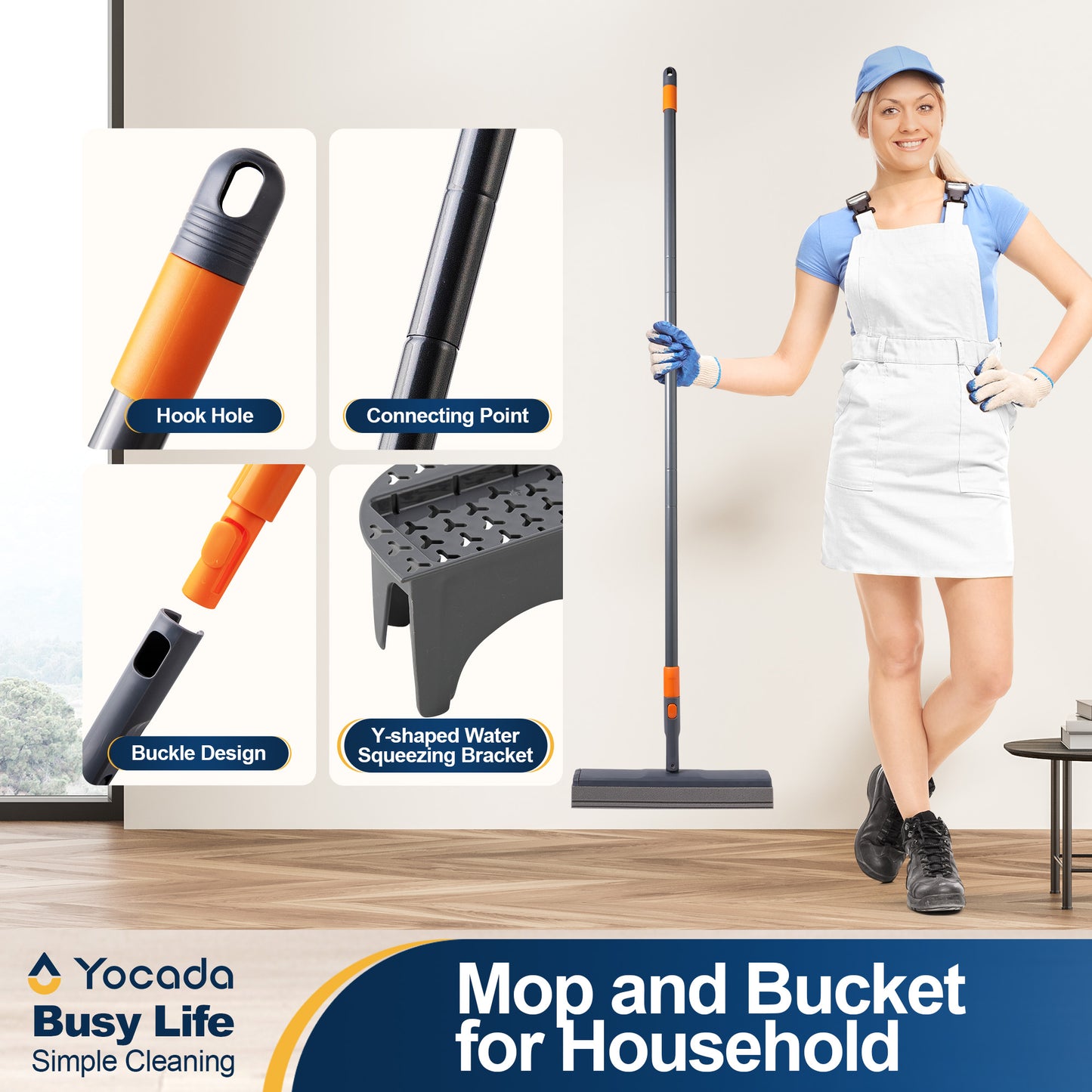YOCADA Sponge Mop and Bucket Set with Wringer and 2 Sponge Heads for Floor Cleaning Orange