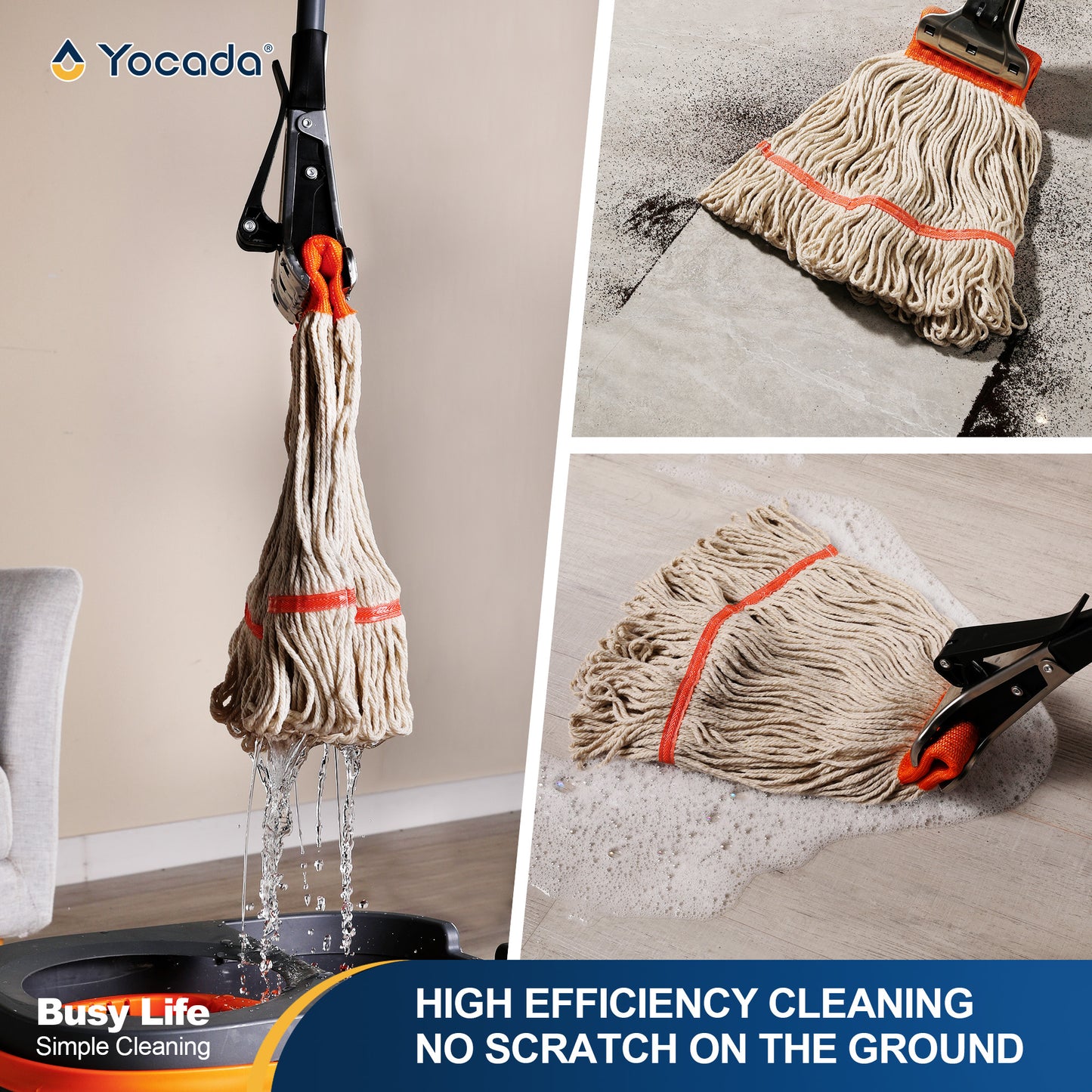 Yocada Heavy Duty Cotton Mop Looped-End String Mop with 60" Iron Pole, for Commercial Industrial, Orange