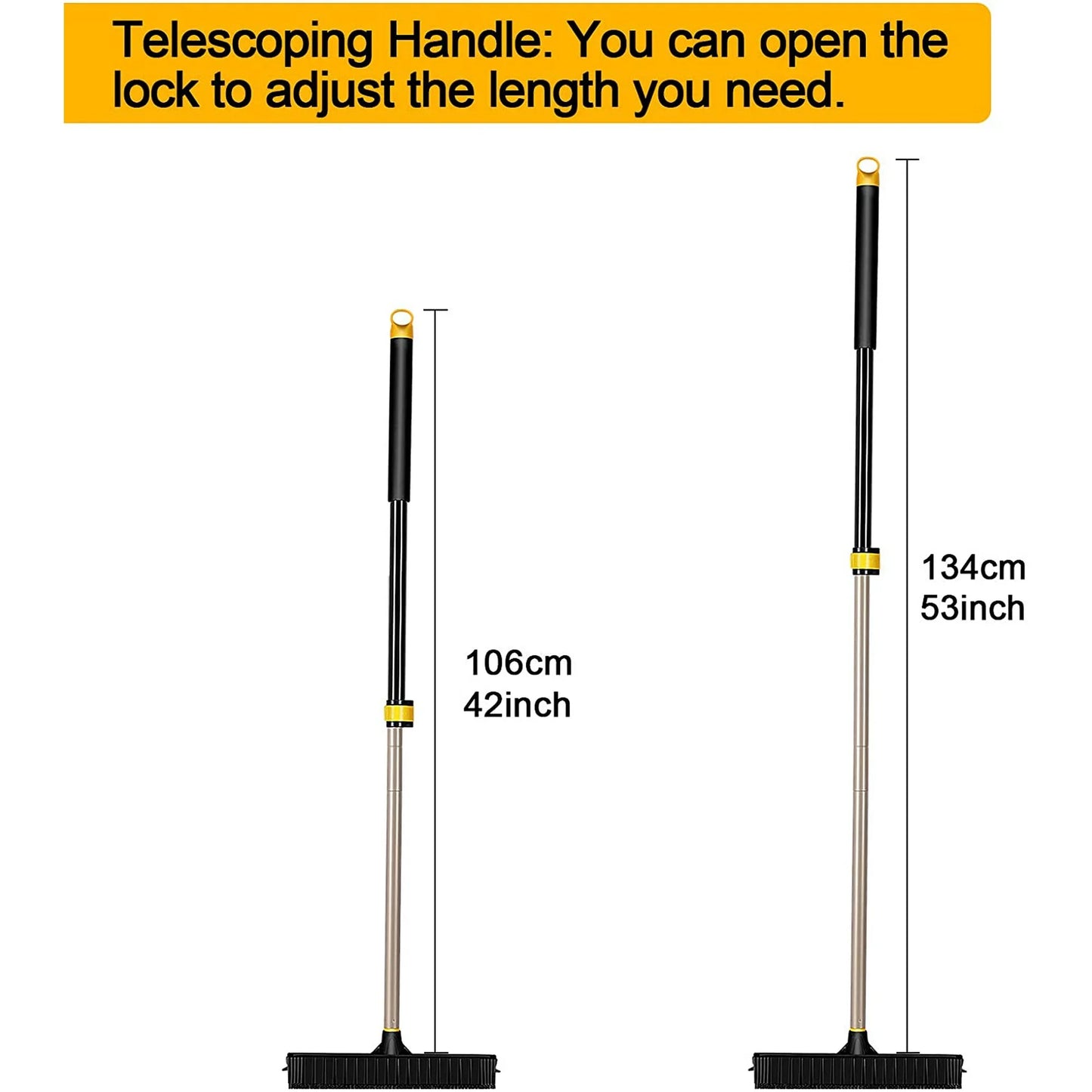 Yocada Rubber Broom Pet Hair Fur Removal Broom Soft Bristle Push Broom with Squeegee Telescoping Pole 42-53 Inch for Sweeping Hardwood Floor Tile Bathroom Living Room Kitchen