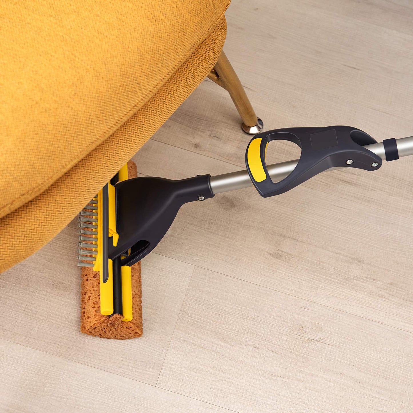 Yocada Sponge Mop Home Commercial Use Tile Floor Bathroom Garage Cleaning with Total 2 Sponge Heads Squeegee and Extendable Telescopic Long Handle 42.5-52 Inches Easily Dry Wringing