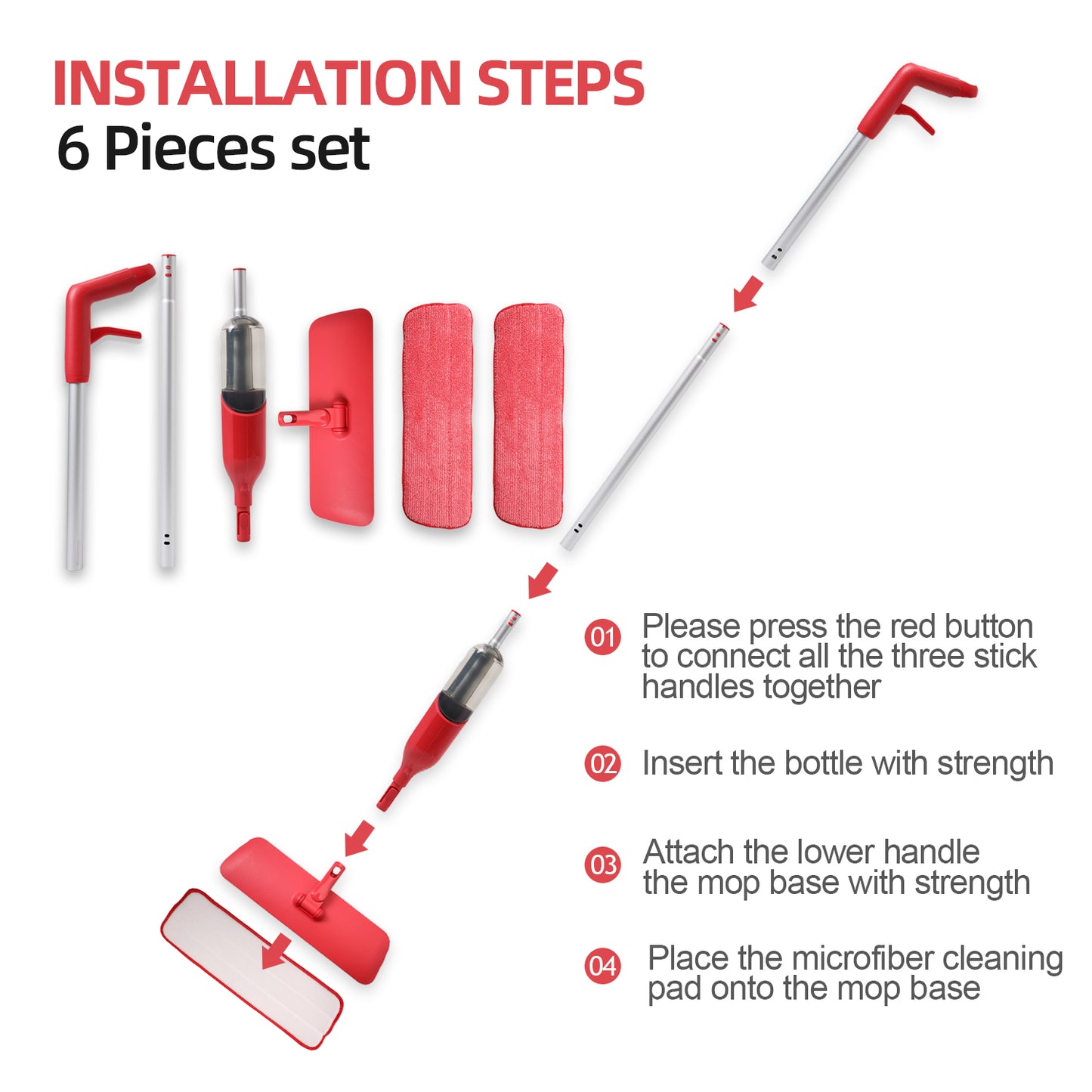 Yocada Microfiber Spray Mop for Wood Floor Cleaning with 2 Washable Mop Pads 360 Degree, 400ML, Red