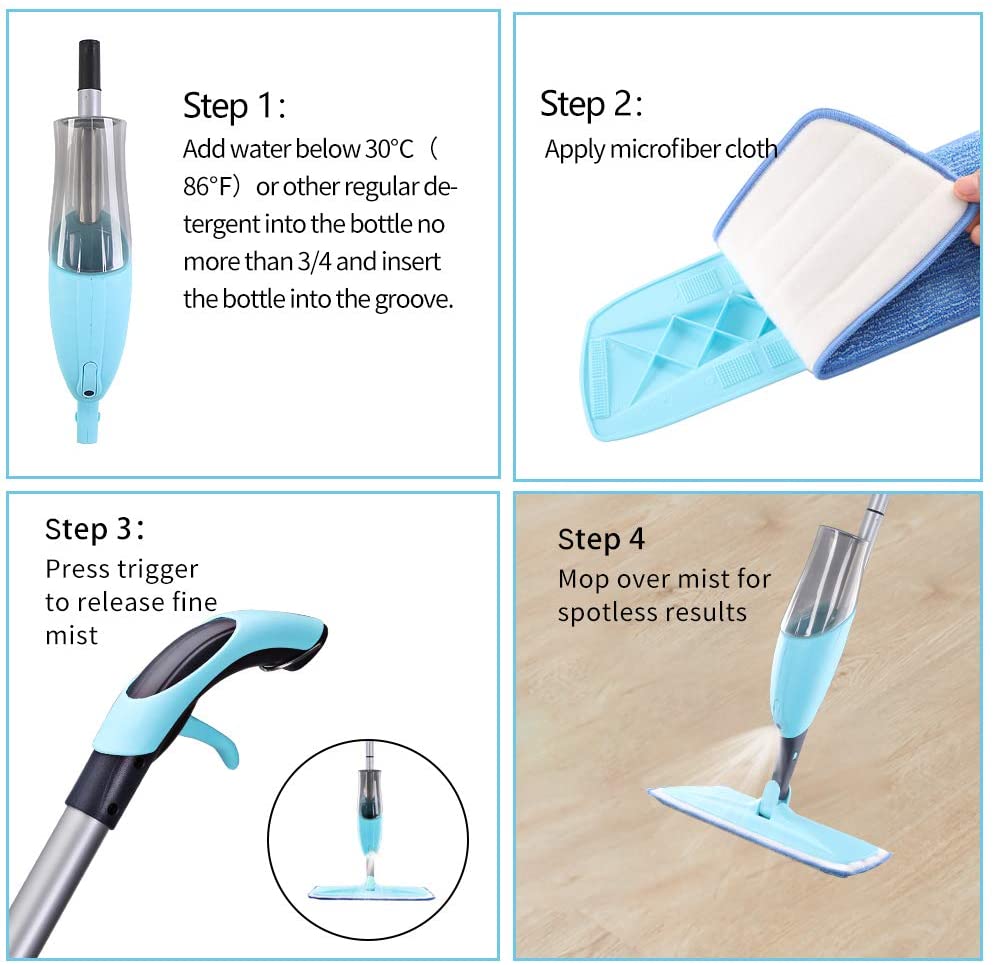 Yocada Microfiber Spray Mop with 2 Washable Mop Pad , 600ml,Blue