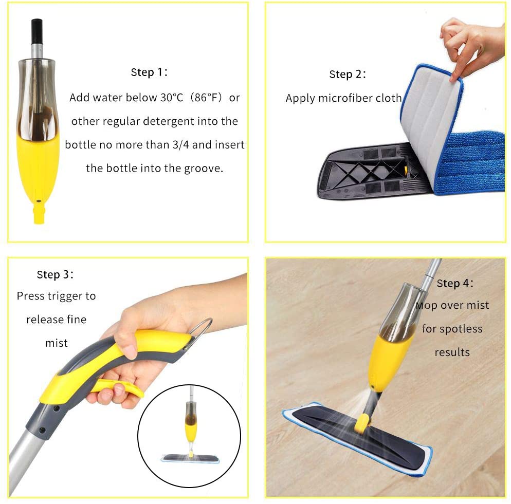 Yocada Microfiber Spray Mop with 2 Washable Mop Pad , 600ml,yellow