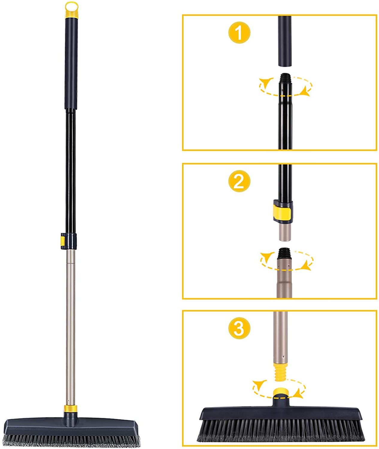 Yocada Push Broom Brush Hard Bristle Broom Head Telescopic Heavy Duty Outdoor Commercial Cleaning Bathroom Kitchen Patio Garage Deck Concrete Wood Stone Tile Flooring