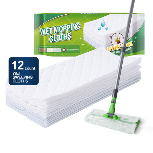 Yocada Strong Cleaning Wet Mopping Cloths, 12 Refill Pads, Captures Dust & Pet Hair for Shiny Floors, for 10 Inch Mop, Hardwood Laminate Tile