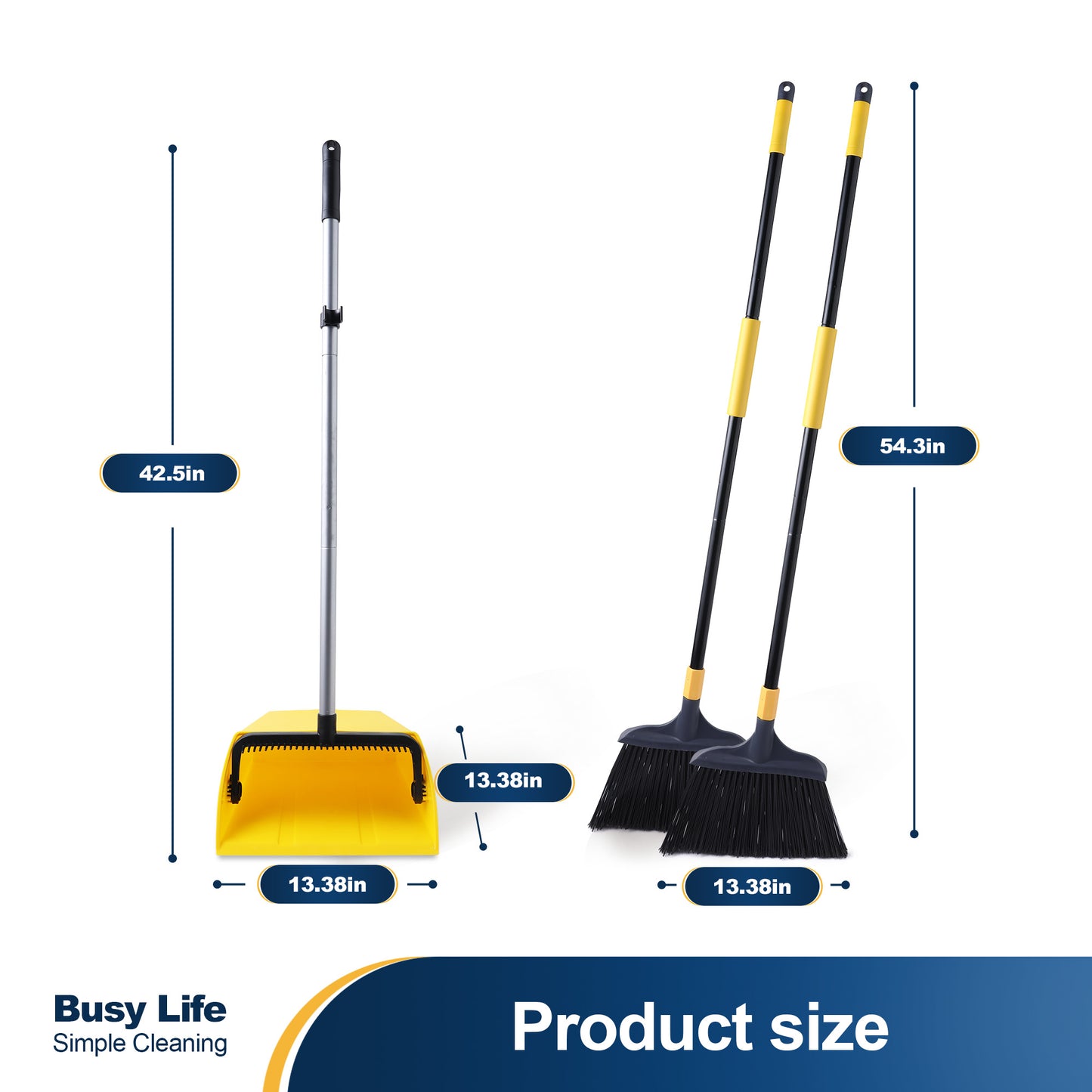 Yocada Brooms Dustpan 2+1 Set - Built-in Comb Long Handle,Wide 3-Layer Stiff Bristles Heavy-Duty for Indoor Outdoor Home Commercial Pet Hair Debris