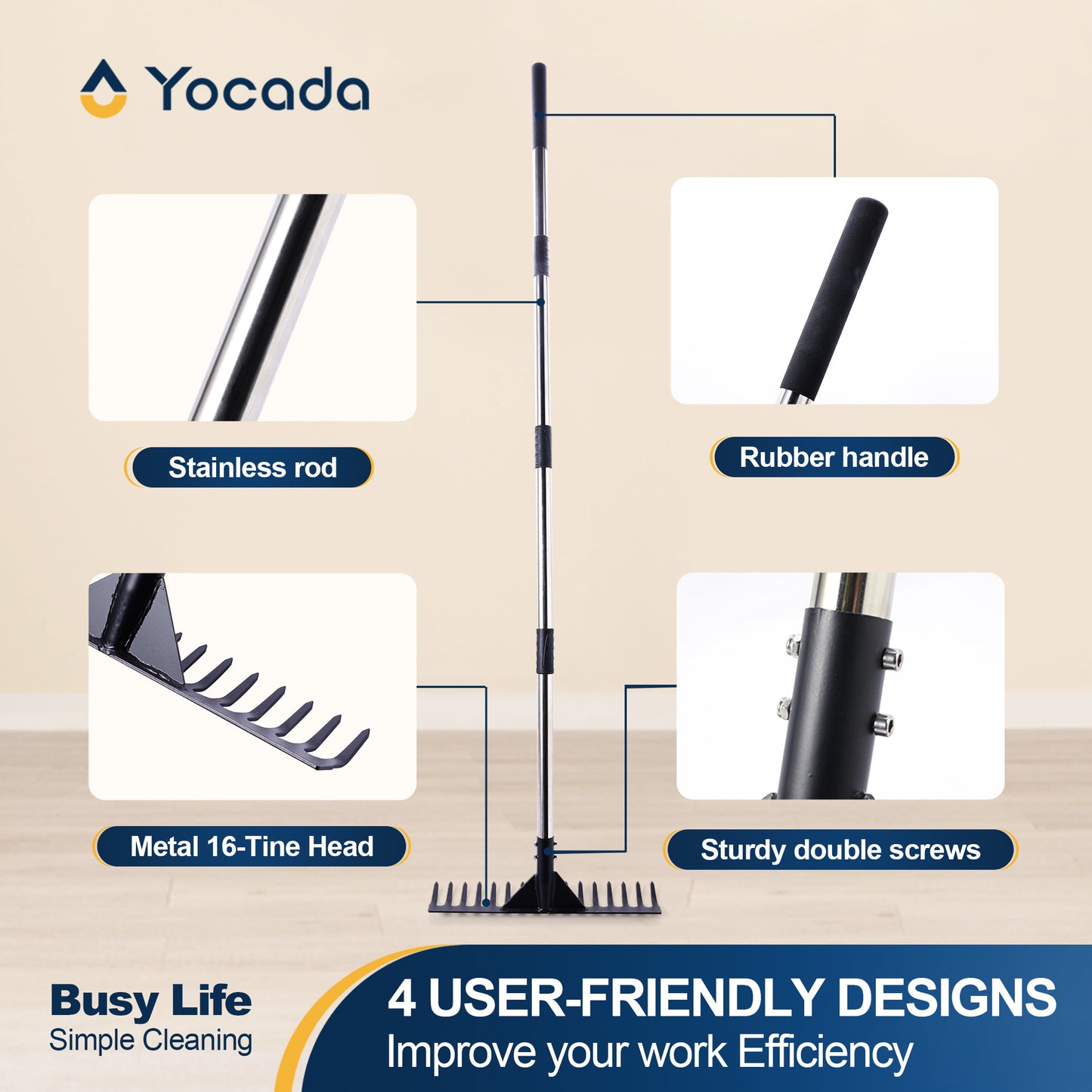 Yocada Thatch Rake 15.7" 16 Curved Tines 62" Adjustable Heavy Duty Stainless Steel Tool with Non-Slip Grip for Lawn Care