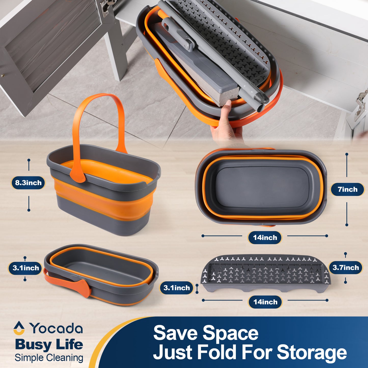 YOCADA Sponge Mop and Bucket Set with Wringer and 2 Sponge Heads for Floor Cleaning Orange