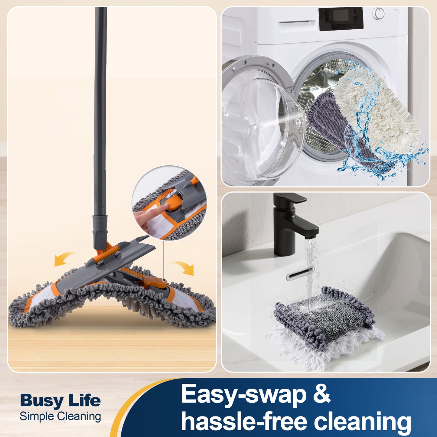 Yocada Mops for Floor Cleaning with 2 Different Washable Mop Pads and Extendable 55” Long Handle, Multifunction Dust Mop,Orange