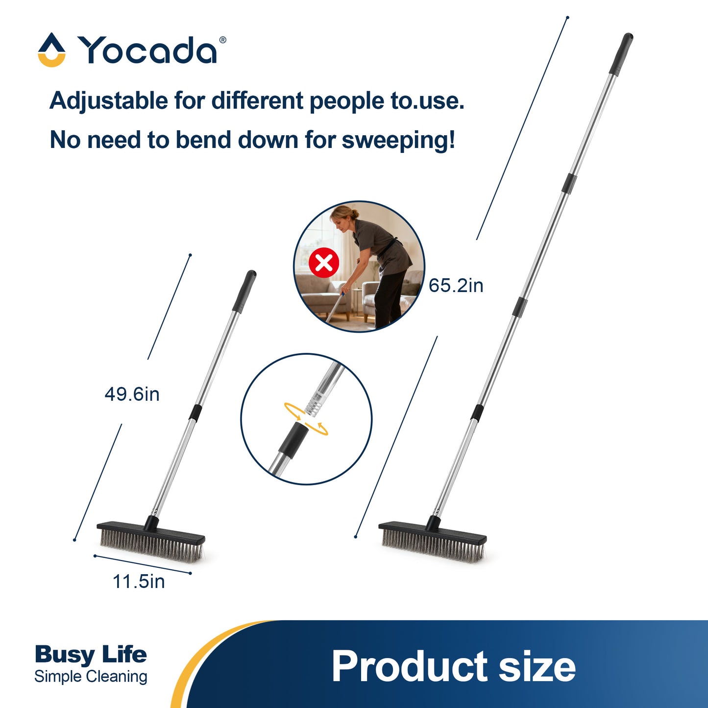 Yocada Heavy-Duty Wire Scrub Broom - Telescopic Handle Up to 65.2 Inches, Stiff Metal Bristles for Outdoor