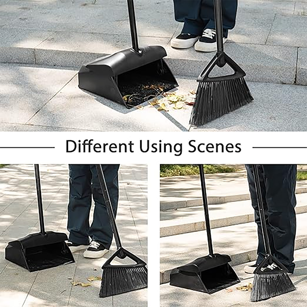 Yocada Broom and Dustpan Combo Set with 59.8" Long Handle for Home Commercial Outdoor Indoor Floor Cleaning, Black