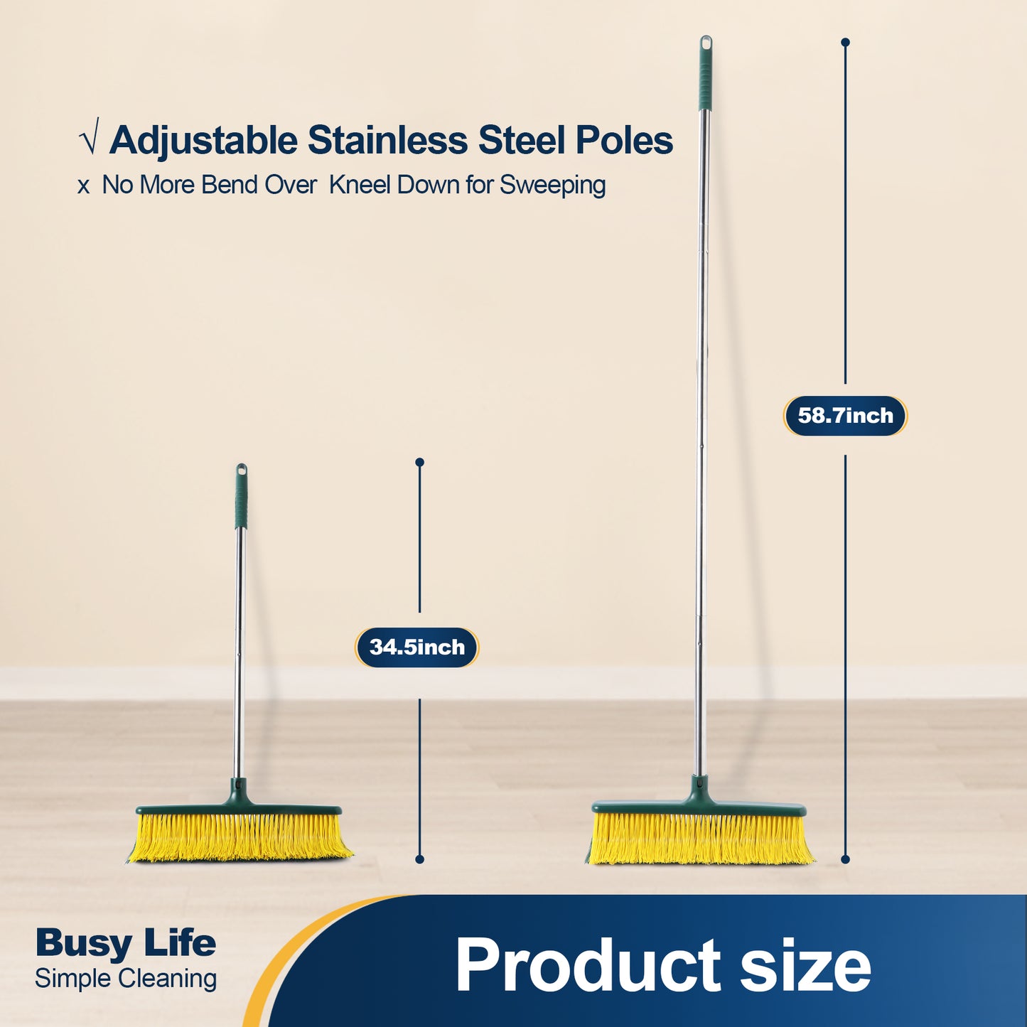 Yocada Heavy Duty Commercial Outdoor Push Broom with Curved Bristles, Adjustable Handle,Courtyard Garage Lobby Mall Market Floor,58.7in,Yellow