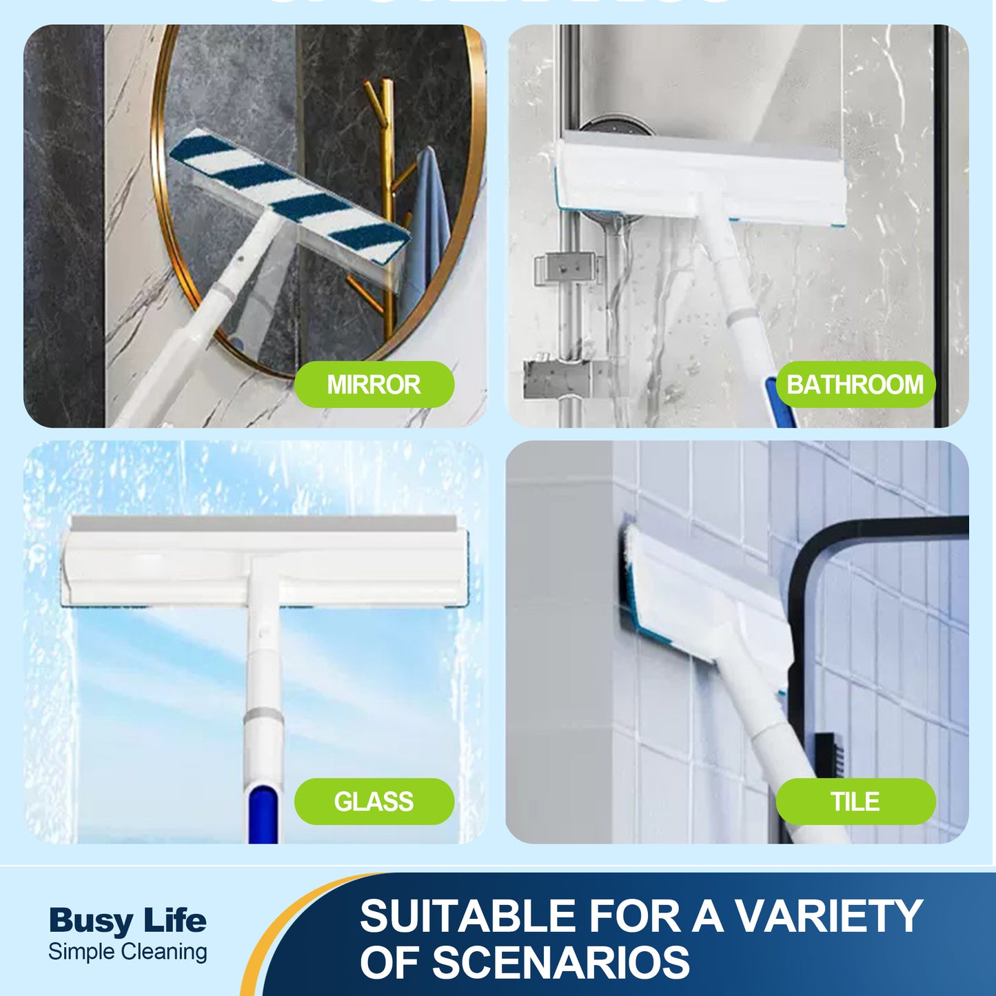 2-in-1 Spray Window Squeegee with 51.2" Extension Pole, Built-in Water Tank, Multi-Use Squeegee for Home Shower Car Windshield