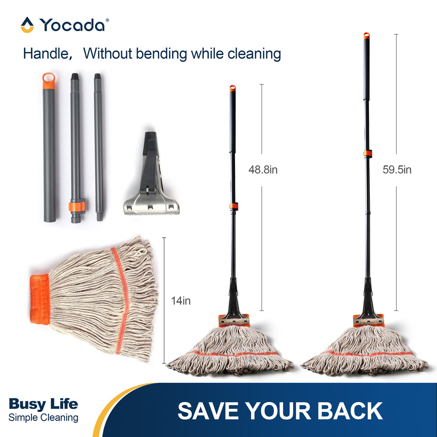 Yocada Heavy Duty Cotton Mop Looped-End String Mop with 60" Iron Pole, for Commercial Industrial, Orange