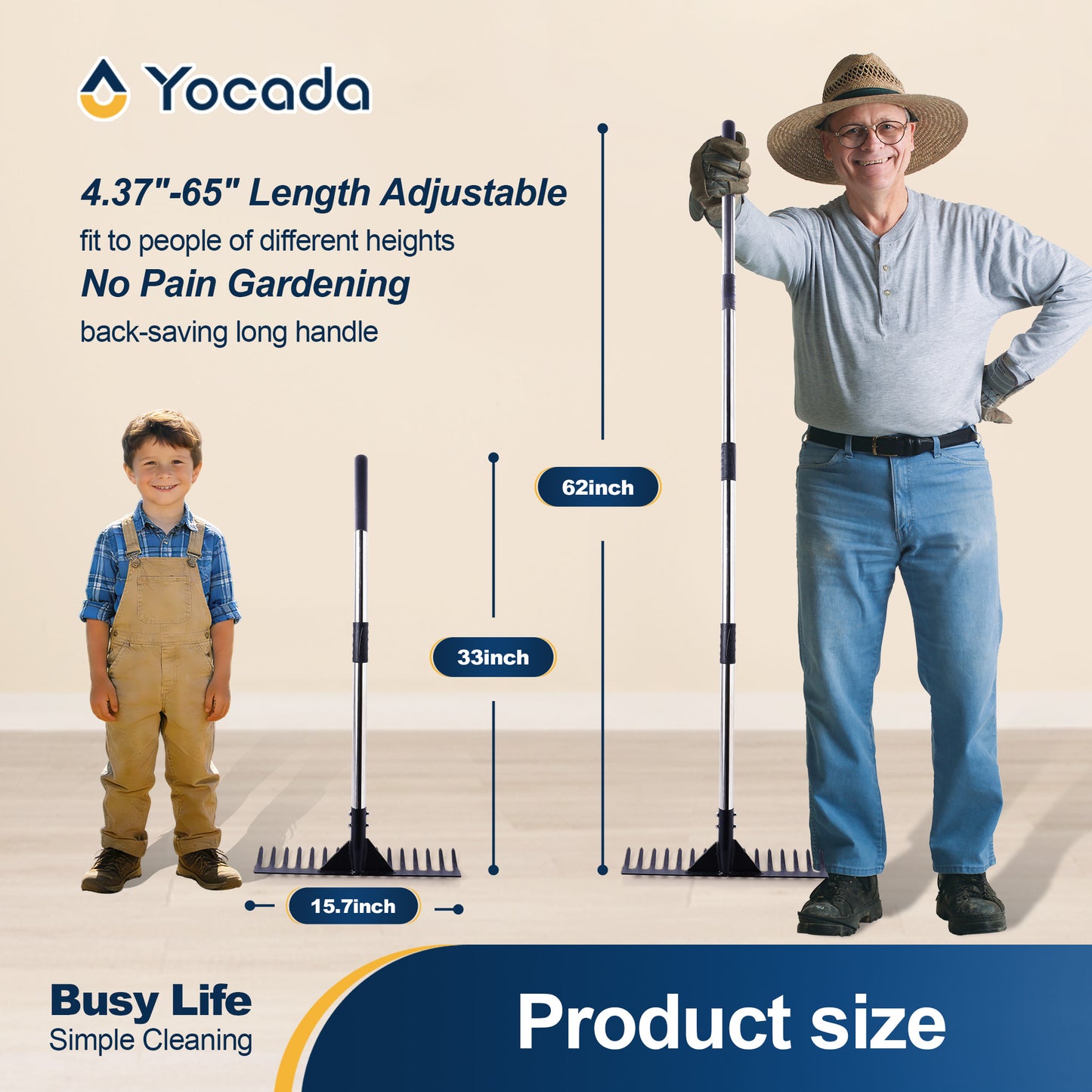 Yocada Thatch Rake 15.7" 16 Curved Tines 62" Adjustable Heavy Duty Stainless Steel Tool with Non-Slip Grip for Lawn Care