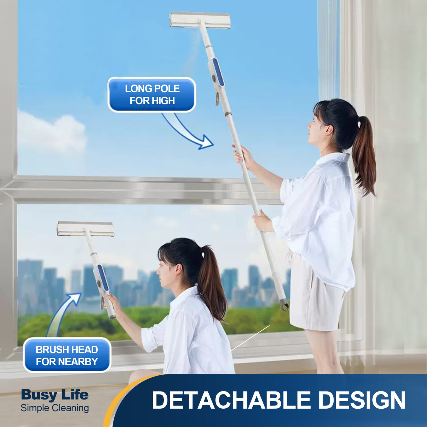 2-in-1 Spray Window Squeegee with 51.2" Extension Pole, Built-in Water Tank, Multi-Use Squeegee for Home Shower Car Windshield