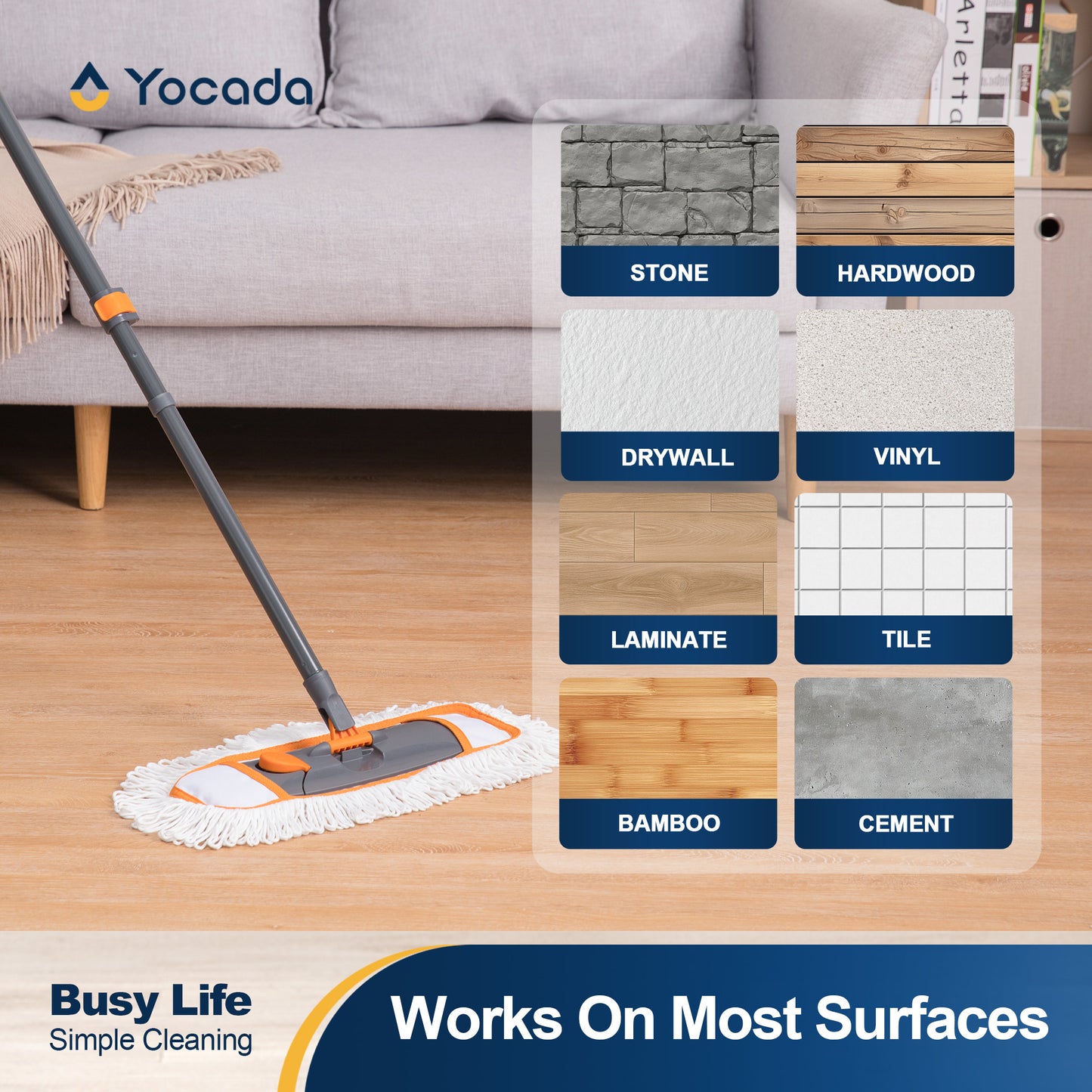 Yocada Mops for Floor Cleaning with 2 Different Washable Mop Pads and Extendable 55” Long Handle, Multifunction Dust Mop,Orange