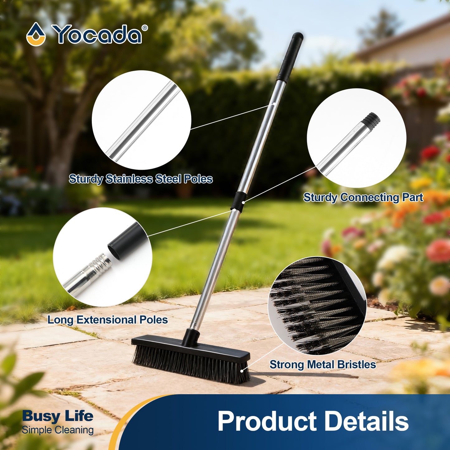Yocada Heavy-Duty Wire Scrub Broom - Telescopic Handle Up to 65.2 Inches, Stiff Metal Bristles for Outdoor