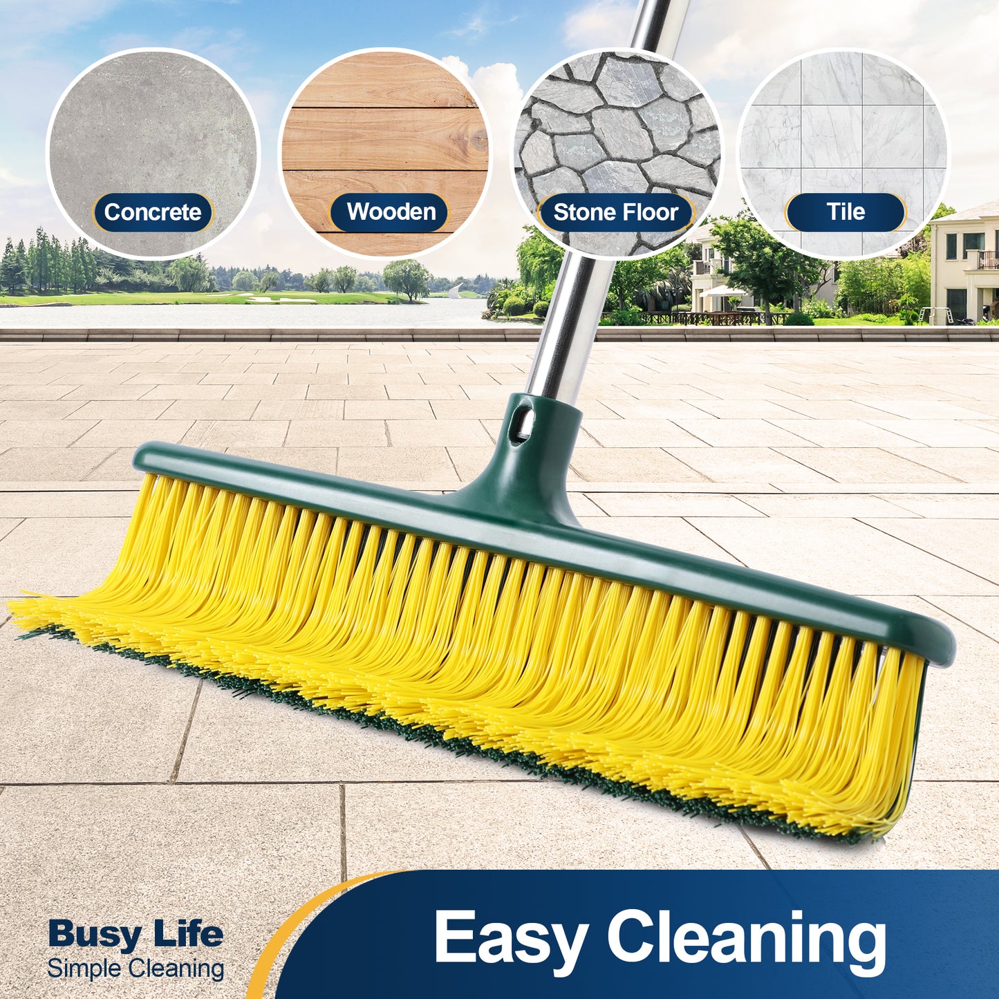 Yocada Heavy Duty Commercial Outdoor Push Broom with Curved Bristles, Adjustable Handle,Courtyard Garage Lobby Mall Market Floor,58.7in,Yellow