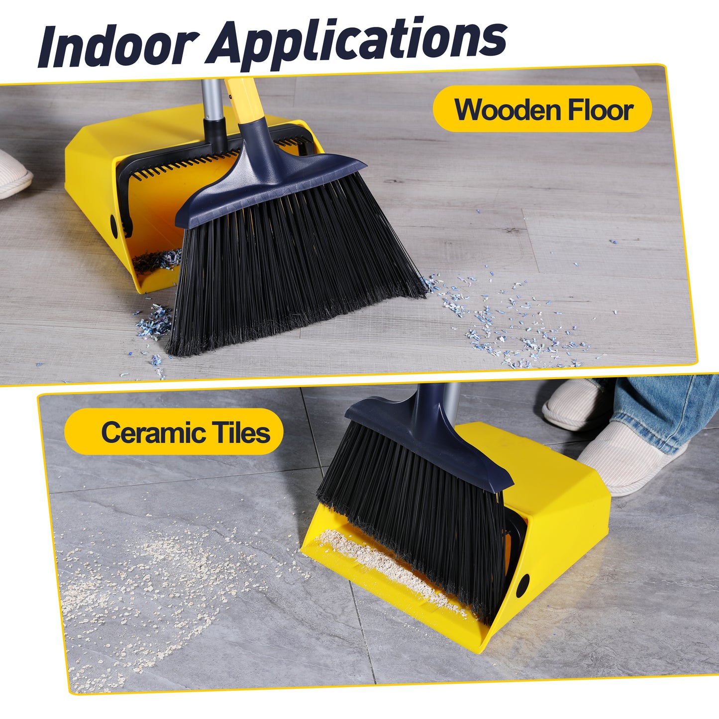 Yocada Heavy Duty Broom and Dustpan Set with 54" Long Iron Pole for Home Commercial Outdoor Indoor