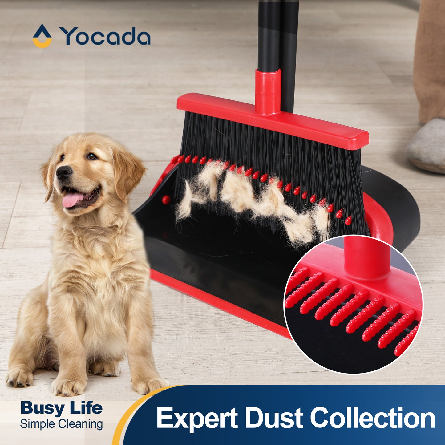 Yocada Broom and Dustpan Set with Teeth, Adjustable Handle, Helps Clean Hair, for Home Kitchen Office Floors,59in,Black&Red