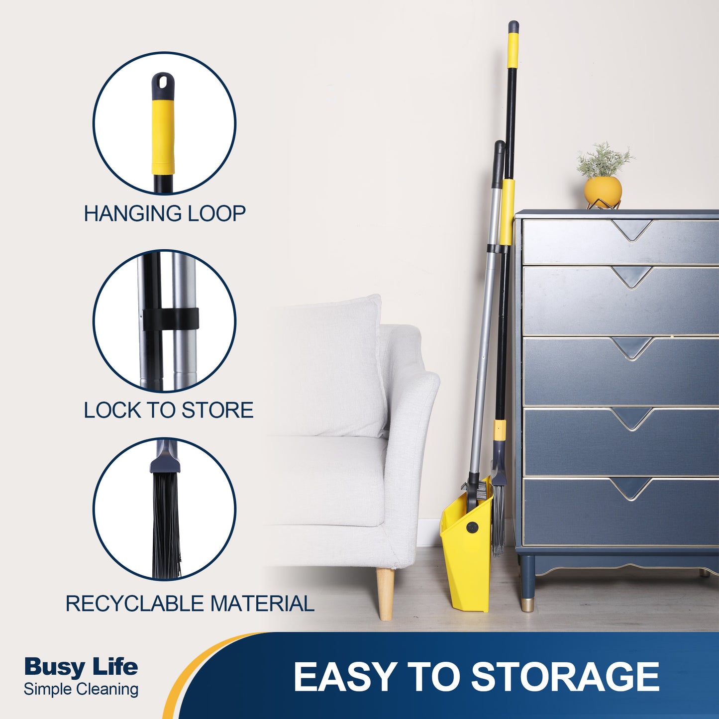 Yocada Brooms Dustpan 2+1 Set - Built-in Comb Long Handle,Wide 3-Layer Stiff Bristles Heavy-Duty for Indoor Outdoor Home Commercial Pet Hair Debris