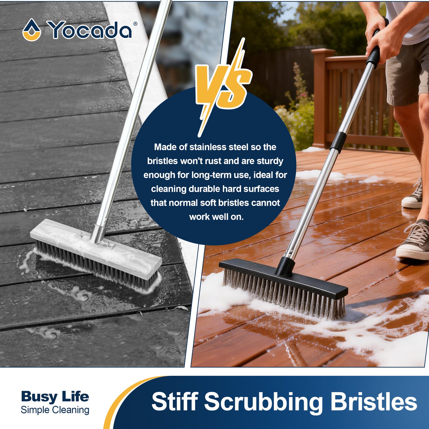 Yocada Heavy-Duty Wire Scrub Broom - Telescopic Handle Up to 65.2 Inches, Stiff Metal Bristles for Outdoor