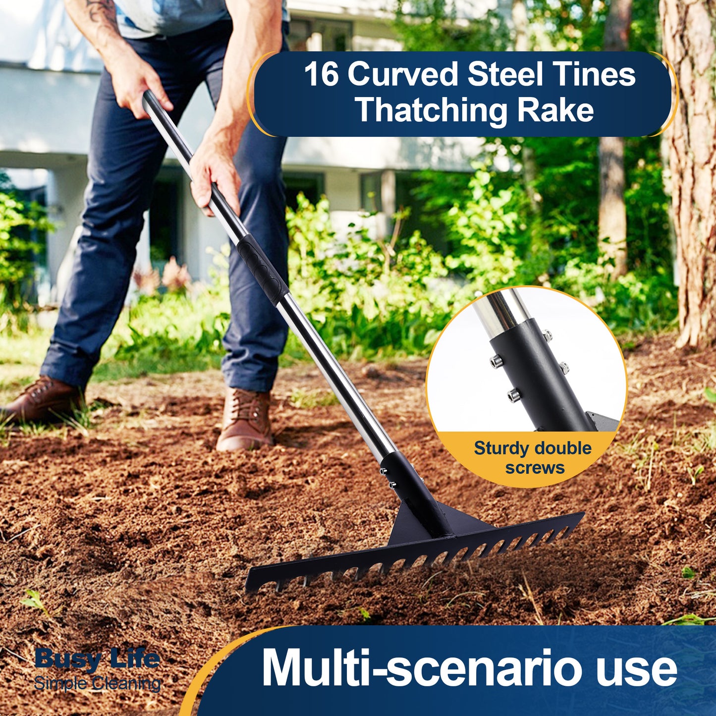 Yocada Thatch Rake 15.7" 16 Curved Tines 62" Adjustable Heavy Duty Stainless Steel Tool with Non-Slip Grip for Lawn Care