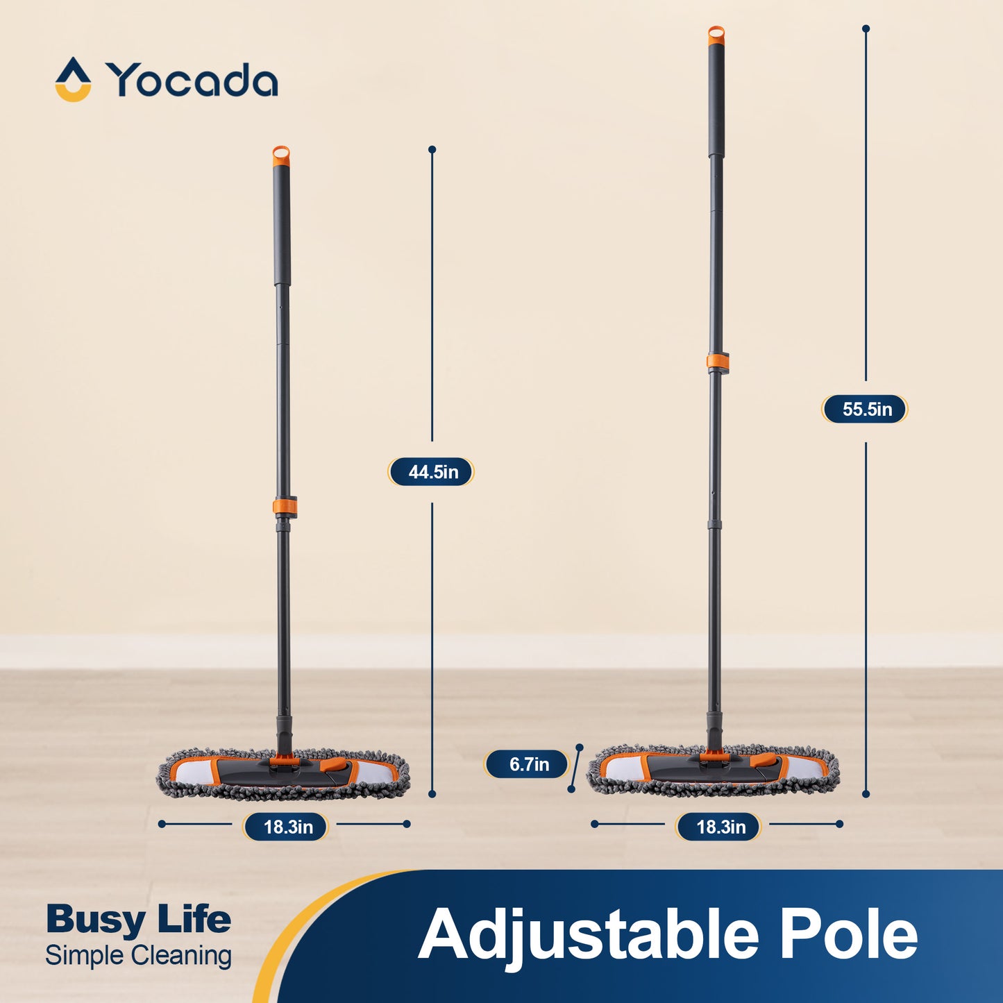 Yocada Mops for Floor Cleaning with 2 Different Washable Mop Pads and Extendable 55” Long Handle, Multifunction Dust Mop,Orange