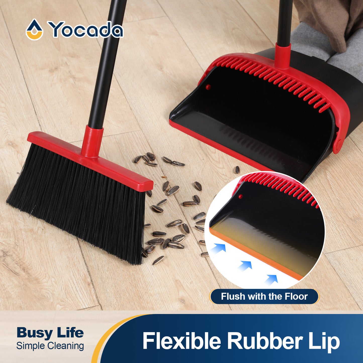Yocada Broom and Dustpan Set with Teeth, Adjustable Handle, Helps Clean Hair, for Home Kitchen Office Floors,59in,Black&Red
